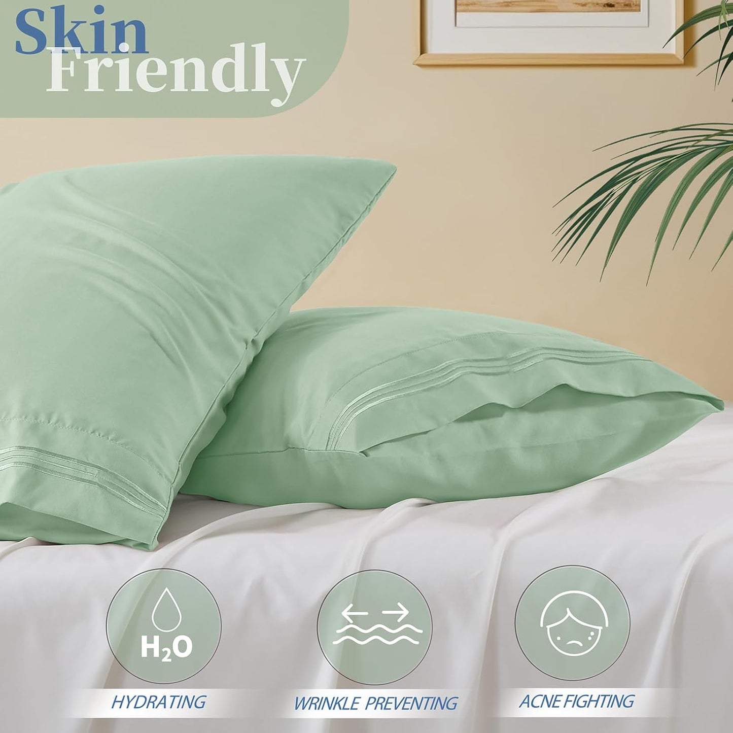 Vonty Pillow Cases - Luxury 1800 Thread Count Microfiber, 20x26 Inch, Sage Green with Envelope Closure