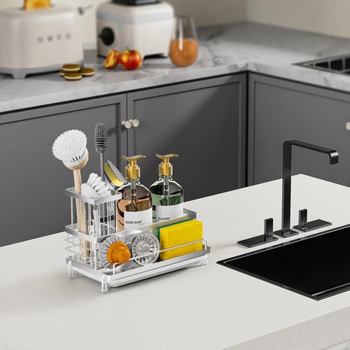 Cisily Stainless Steel Kitchen Sink Caddy Organizer, Sponge Holder for Sink Rustproof, Non-Slip Soap Dish Dispenser Brush Holder Storage, Home & Kitchen Essentials Accessories