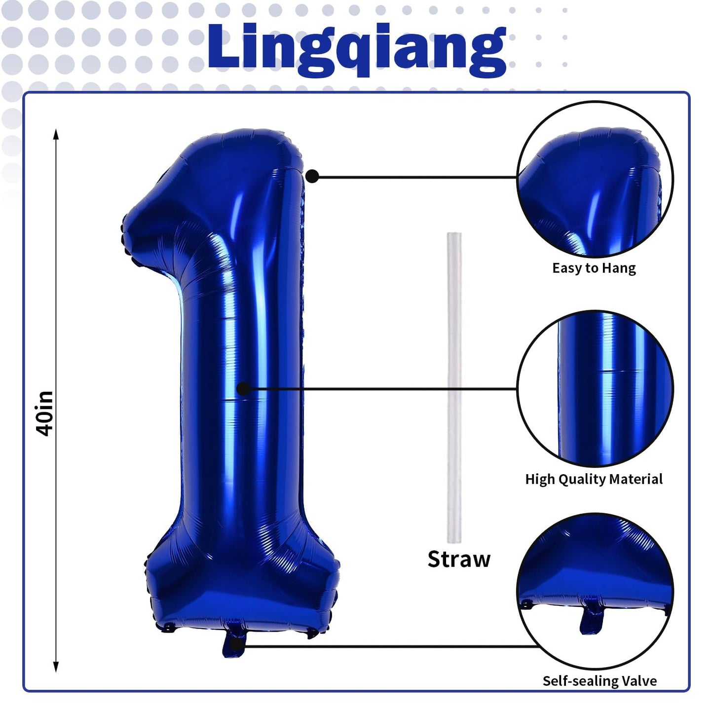 Navy Blue Number 1 Balloons, 40 In Large Dark Blue Number 1 Foil Helium Balloons for Men, Self Inflating Royal Blue Number Balloons 0-9 for Boys 1st 10th Birthday Anniversary Party Decoration