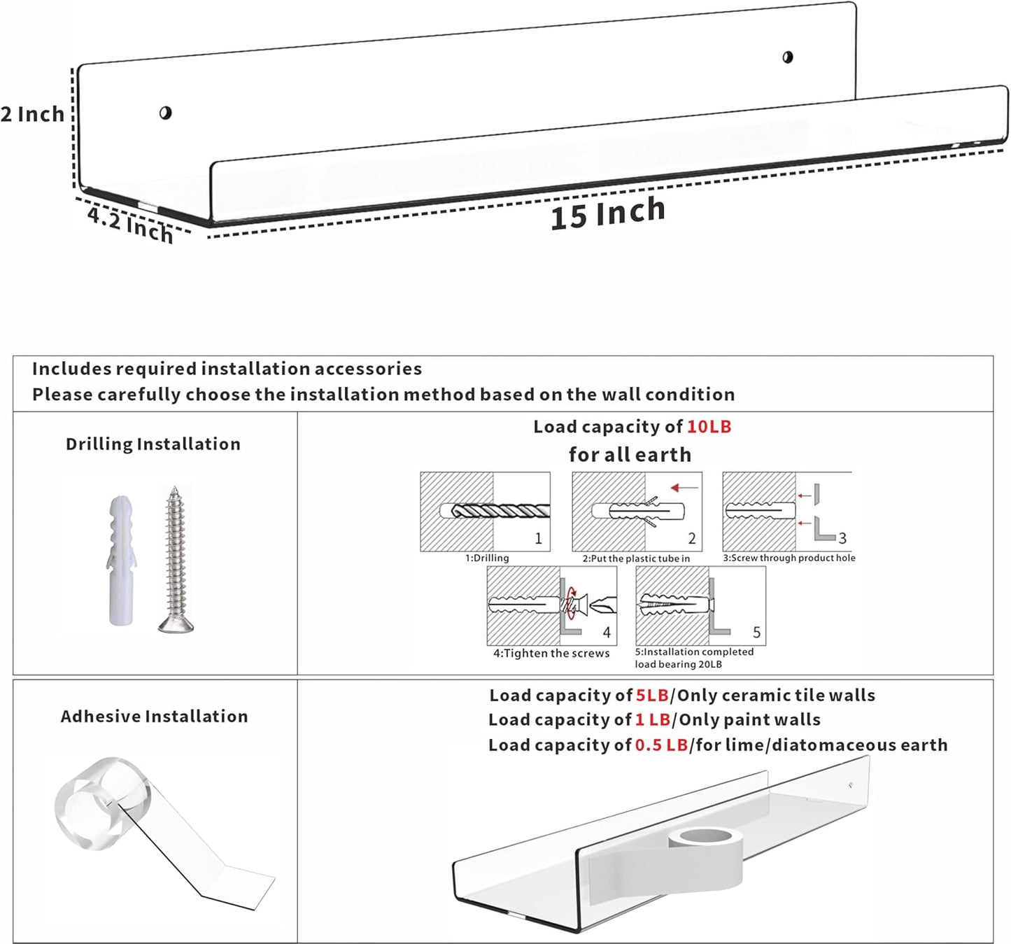 Skiennix 15-Inch Clear Acrylic Floating Shelves - No Drill, Renter-Friendly Wall Display for Bathroom & Kids Room