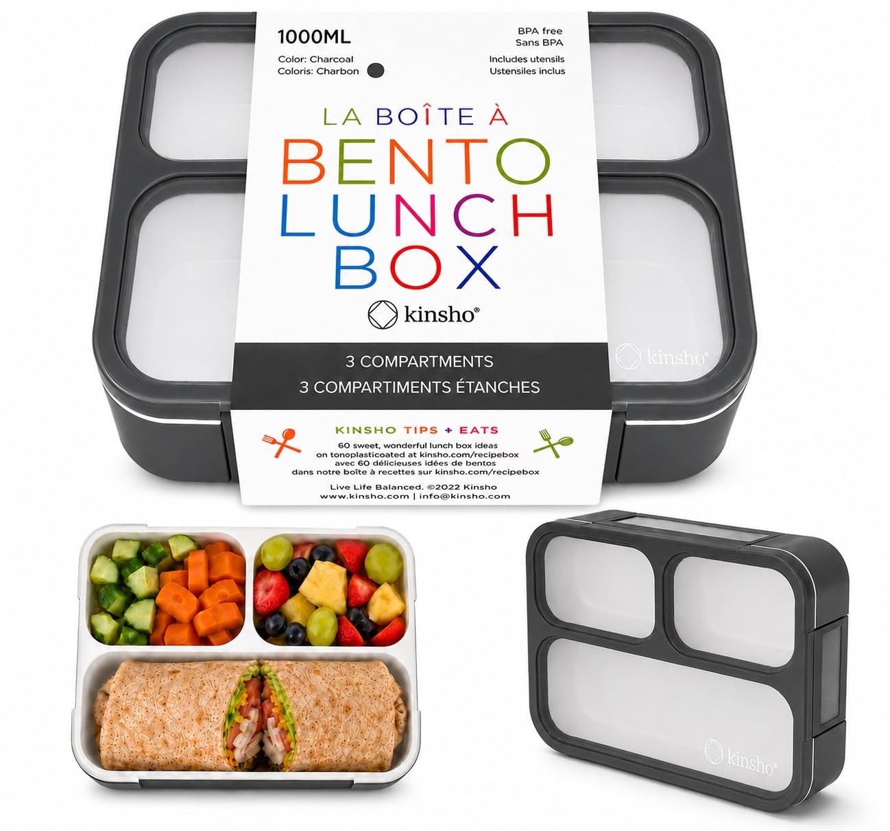 Bento Lunch Box Kids & Adults, Lunch and Snack Containers for Boys & Girls with 3 Compartments - School, Work Daycare, Meal Planning Portion Control Container, BPA-Free Boxes, Utensils, Blue 1 pack