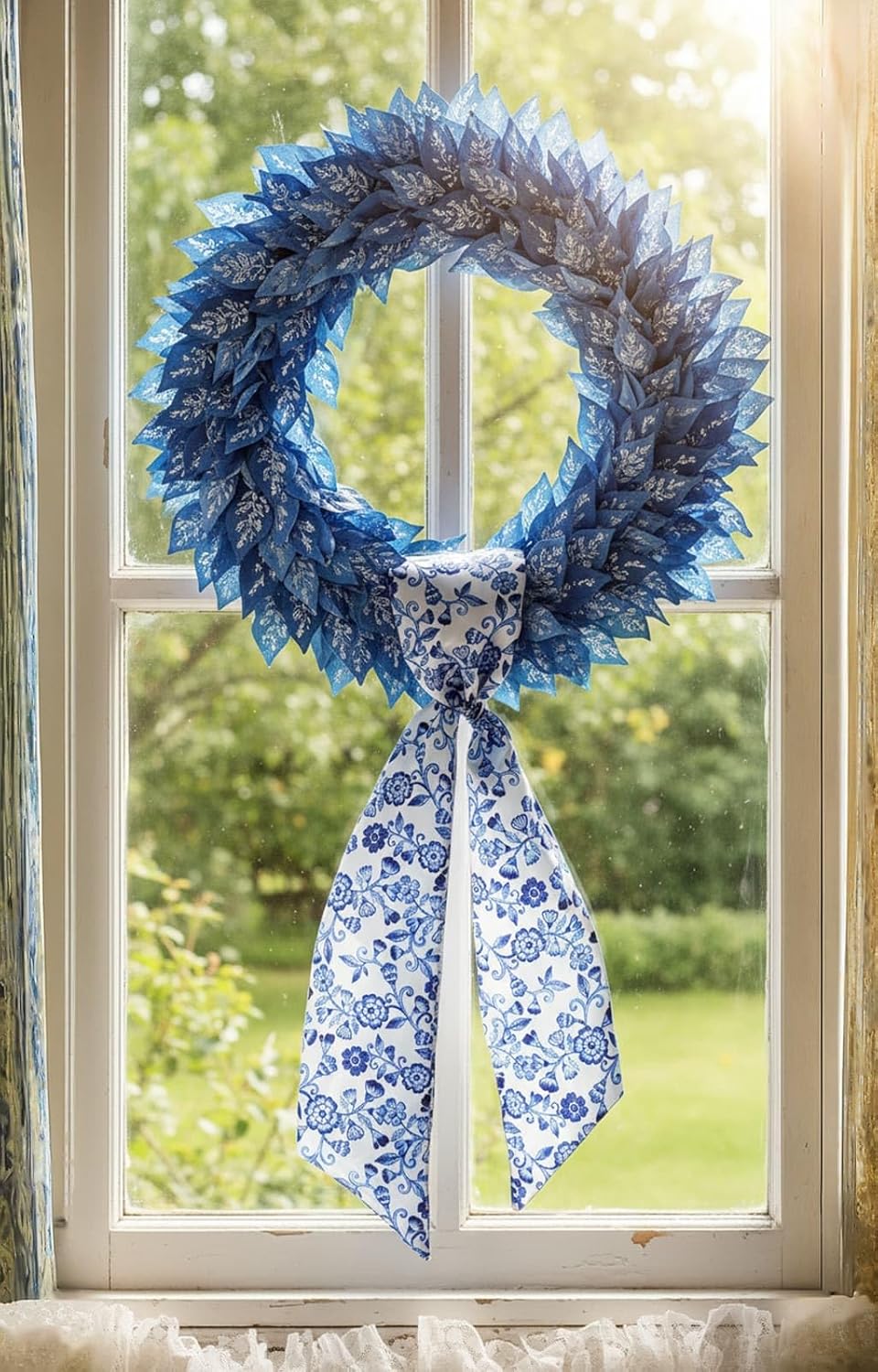 Skiennix Wreath Sash - Blue Floral Chinoiserie Decor | 55x5 Inch Ribbon for Indoor/Outdoor Use