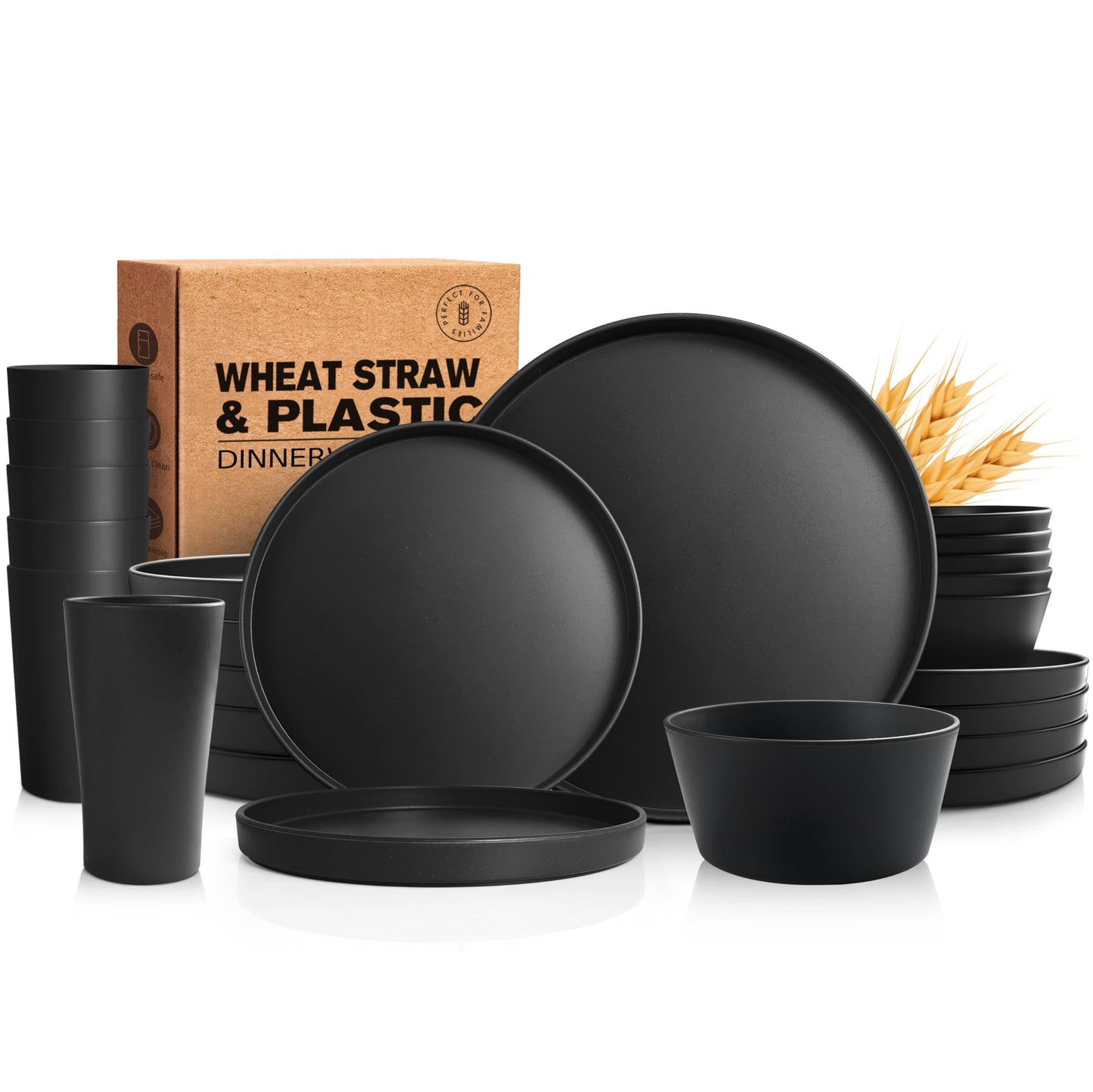 Teivio 24-Piece Kitchen Plastic Coupe Wheat Straw Dinnerware Set, Service for 6, Dinner Plates, Dessert Plate, Cereal Bowls, Cups, Unbreakable Unique Plastic Outdoor Camping RV Dishes, Black