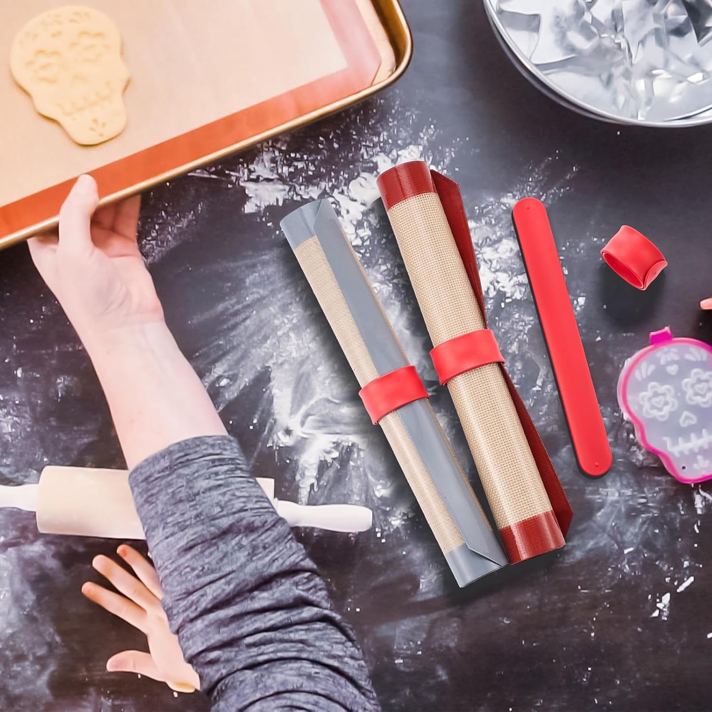 Teenyyou Silicone Storage Bands - 4 Pcs for Baking Mats & Wrapping Paper | Ideal for Christmas Organization