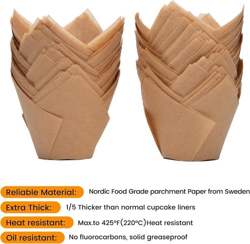 Bake Choice Large Natural Tulip Cupcake Liners - 200 Pcs Baking Muffin Wrappers for Parties