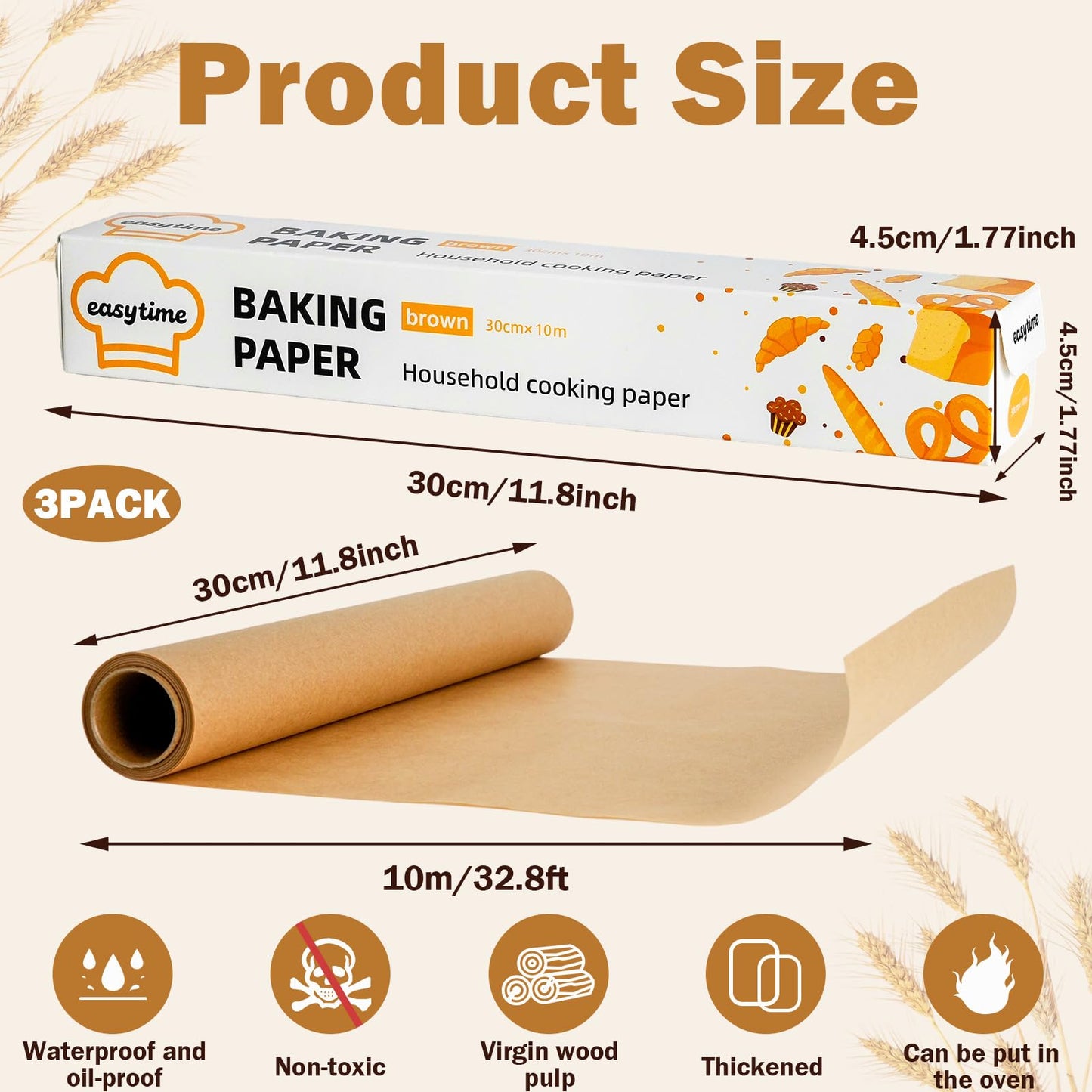 DTFMZOV 12in x 98ft Unbleached Parchment Paper for Baking, High Temperature Resistant Parchment Paper Roll, Non-Stick Greaseproof Baking Paper for Cooking Grilling Air Frying (Brown, 12in x 98ft)