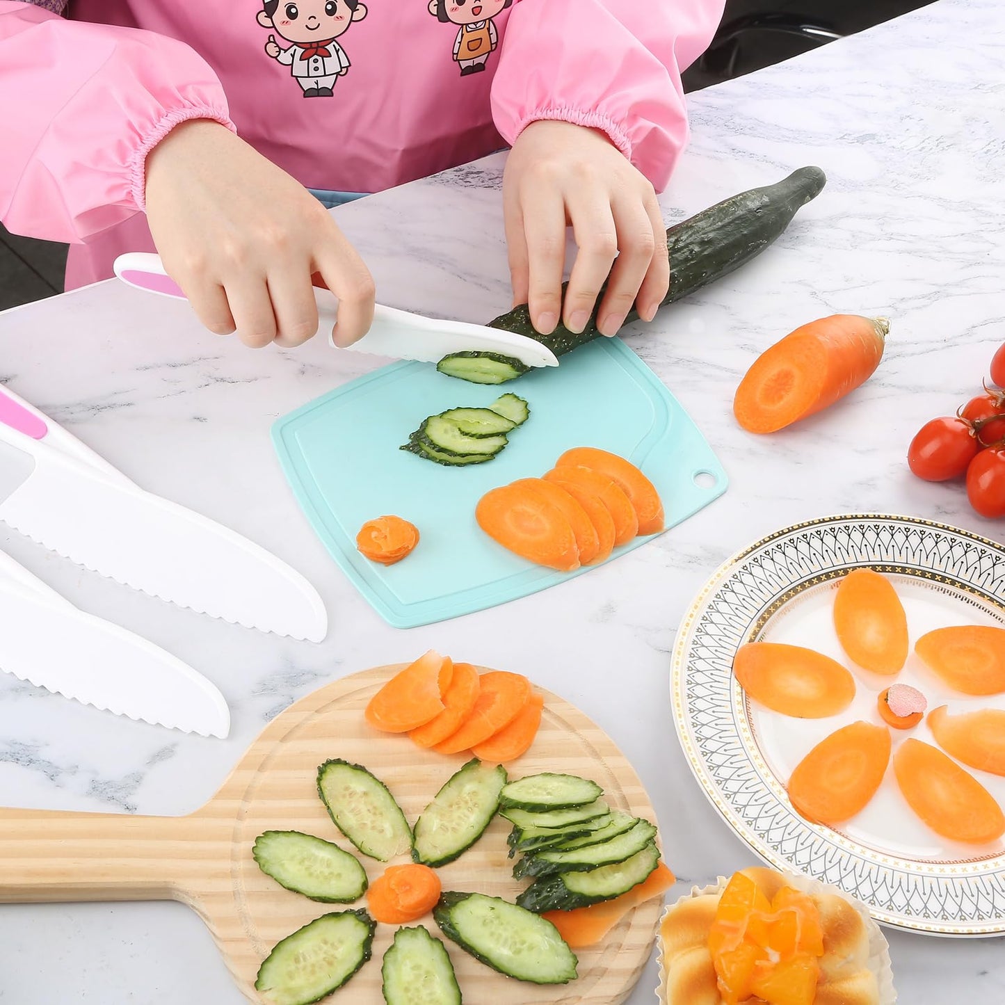 20 PCS Toddler Kitchen Knife Baking Tools Set, Pink Kid Safe Knives for Cutting with Cutting Board