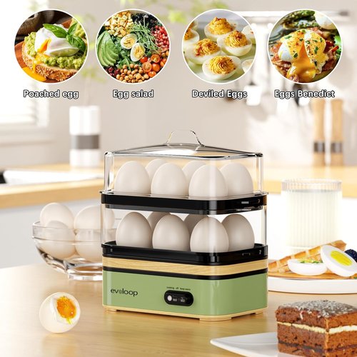 Evoloop Electric Egg Cooker - Rapid 12 Egg Capacity for Soft, Medium, Hard Boiled & Poached Eggs | BPA-Free Green Tray