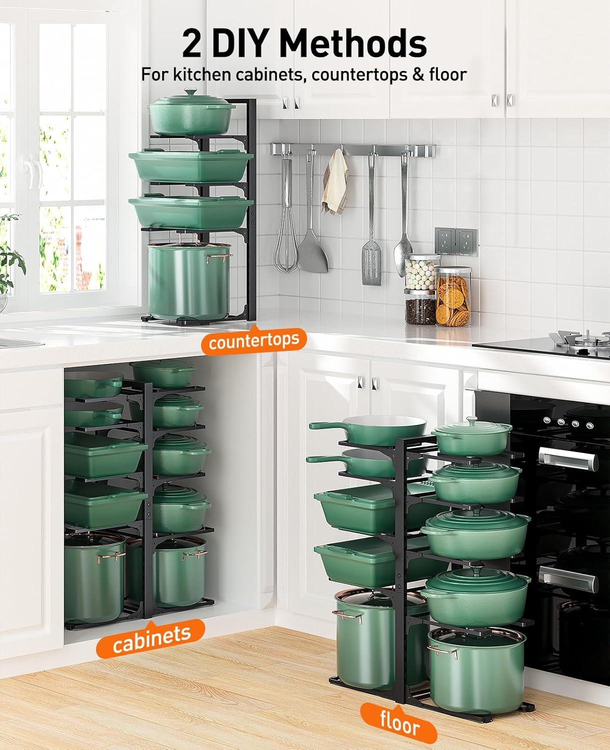 ORDORA 10-Tier Pots and Pans Organizer - Heavy-Duty Under Cabinet Storage Rack | Adjustable Kitchen Organizer