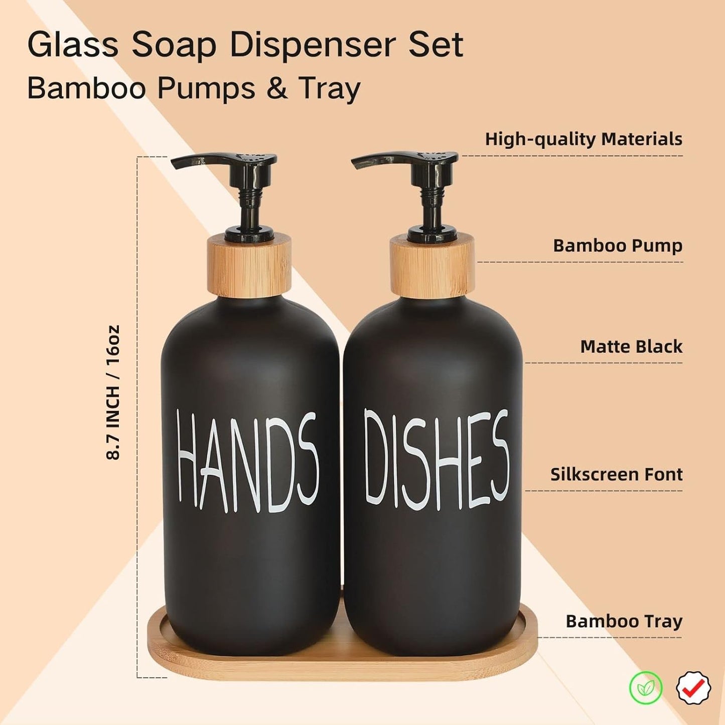 Skiennix Glass Soap Dispenser Set - Vintage Pump with Bamboo Tray for Kitchen & Bathroom | Matte Black