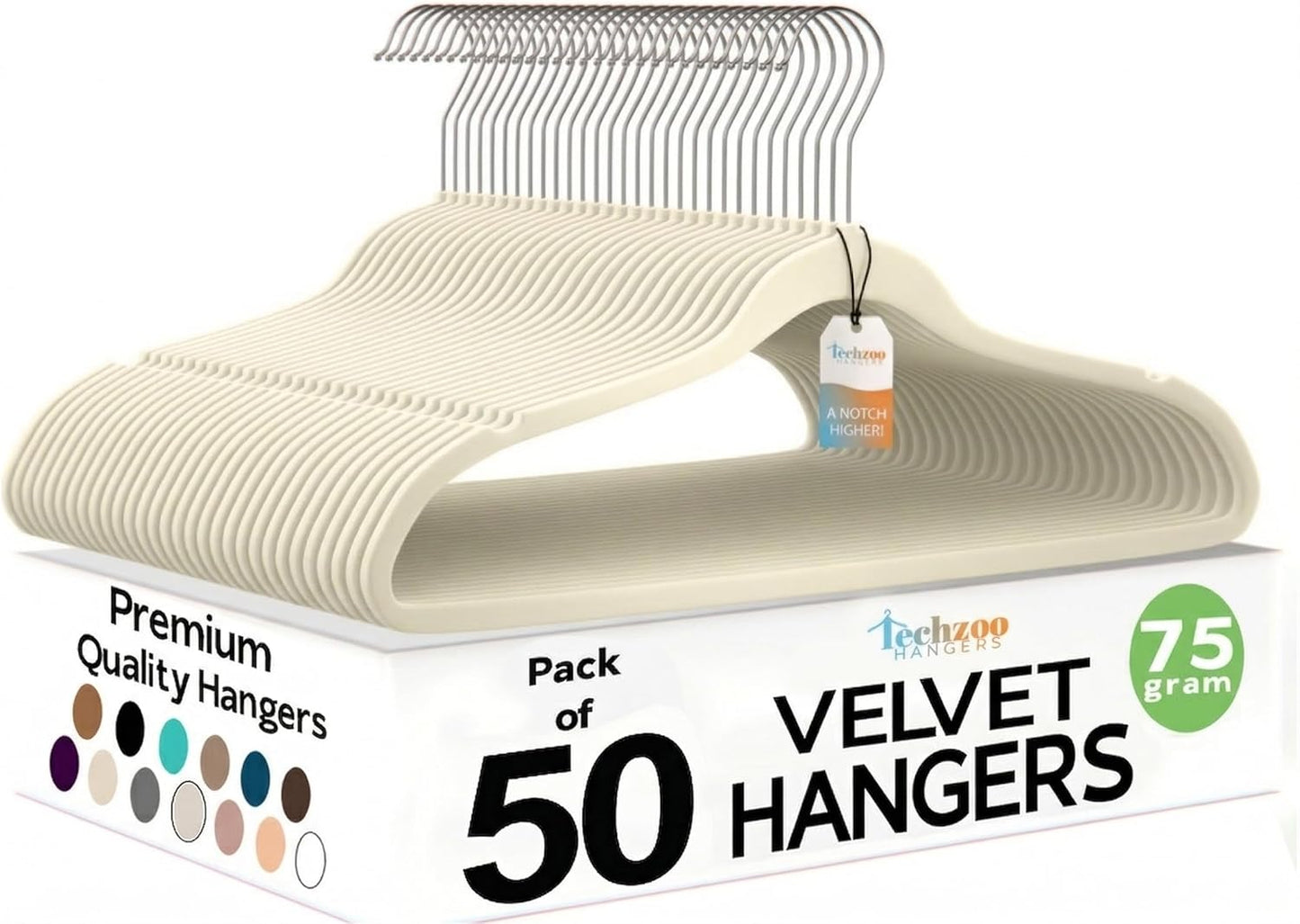 Techzoo Velvet Hangers - Ultra Thin Non-Slip Space-Saving Design | 50 Pack in Ivory, 360° Swivel Hook