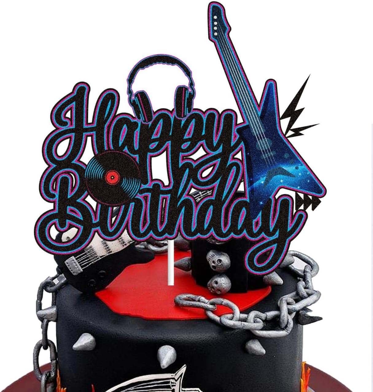 Skiennix Electric Guitar Cake Topper - Black & Purple Glitter Rock Music Theme Decor for Kids