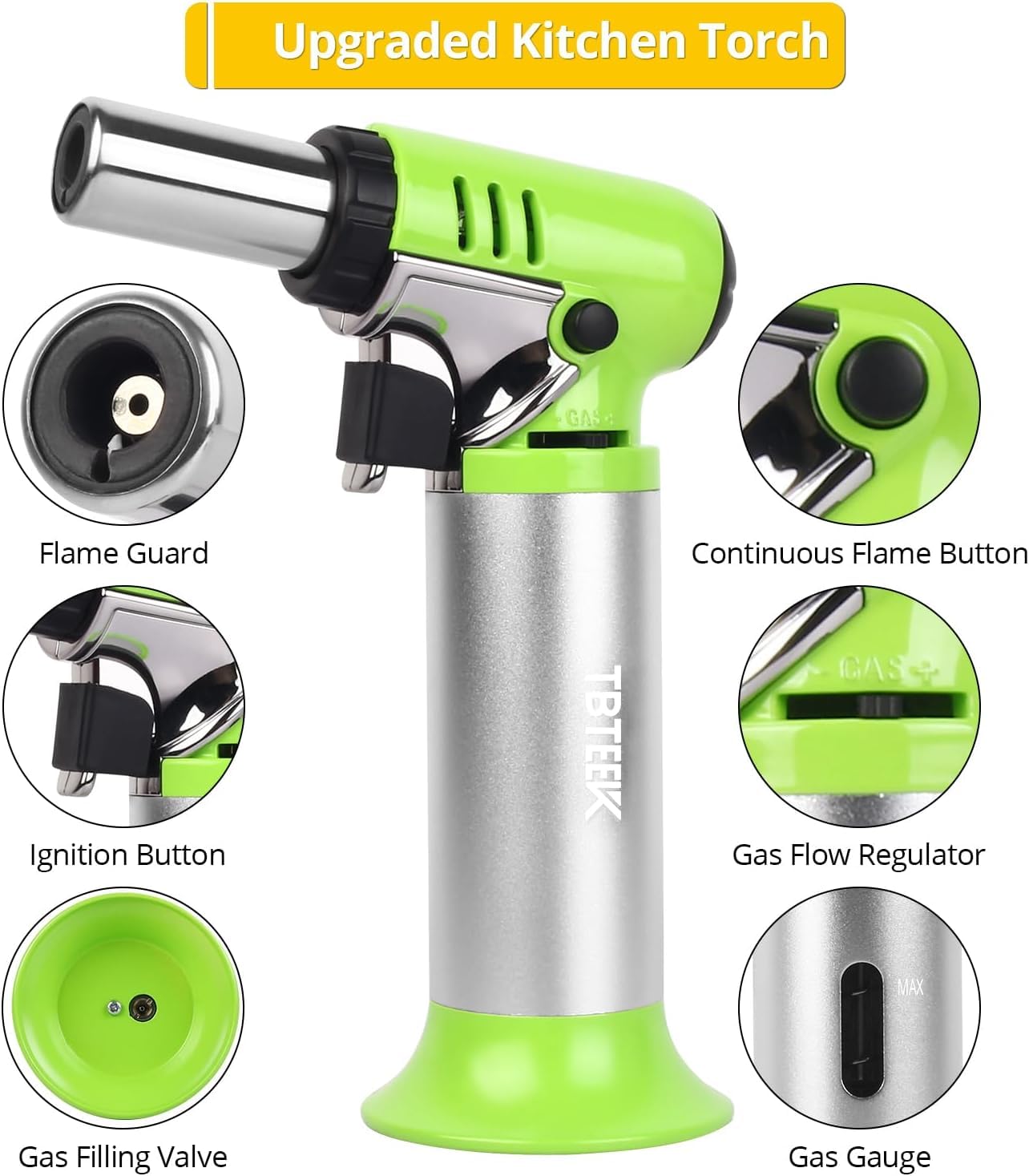 TBTeek Torch Lighter with Butane Included, T907 Butane Torch with 180ml Fuel Refill, Refiilable Kitchen Torch Lighter with Adjustable Flame for BBQ, Brulee Creme, Crafts and Soldering (1 Can)