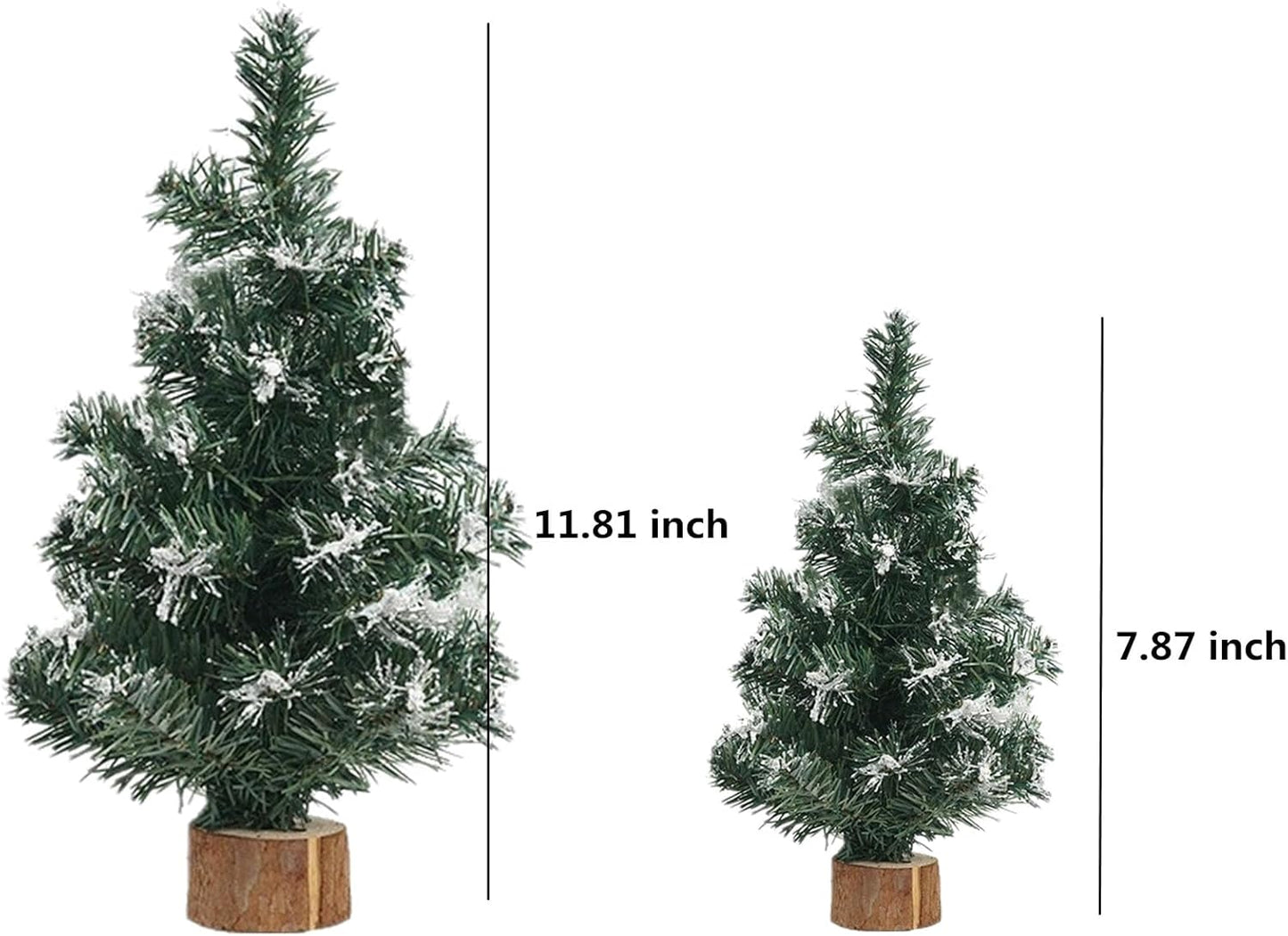 Mini Christmas Trees by Simulated Snow - 4pcs Tabletop Pine Decor with Wooden Base | 7.87/11.81 Inch