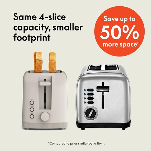 Bella 4-Slice Slim Toaster - 10” Long Slot with 6 Shade Settings, Reheat & Cancel Functions, Oatmilk