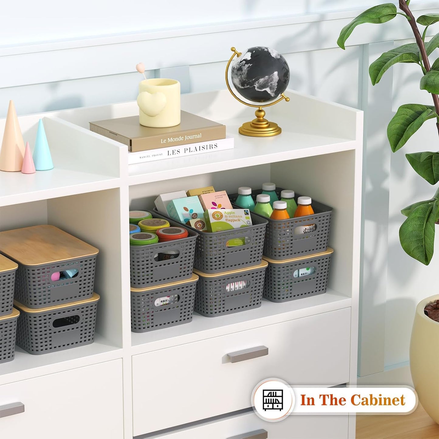 Plastic Storage Baskets With Bamboo Lid - Stackable Organizing Bins for Home & Office | 6 Pack, Gray