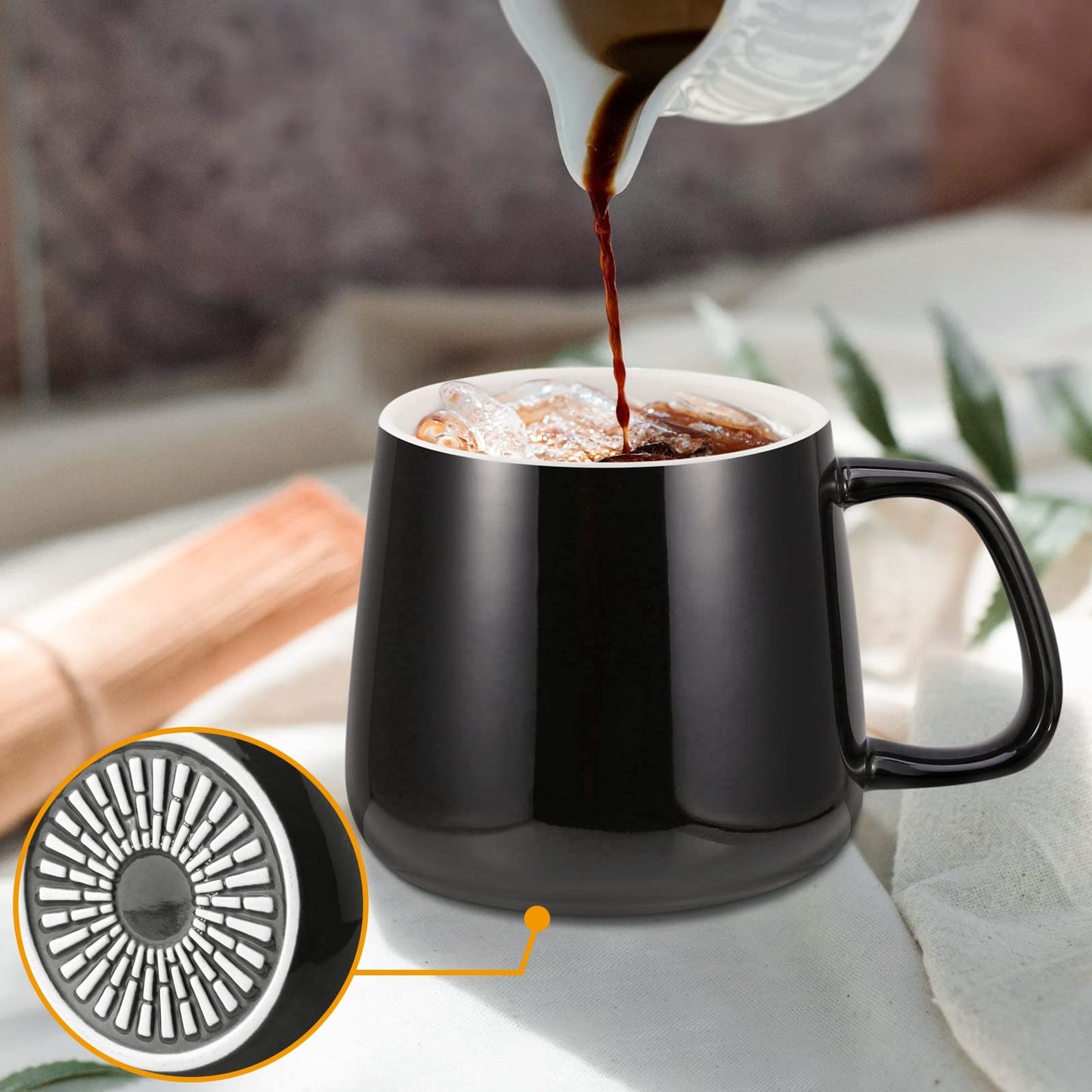 VOBAGA Coffee Cup with Lid and Flat-Bottom, 13 oz Tea Mug for Daily Use Warming Coffee&Tea (Black)