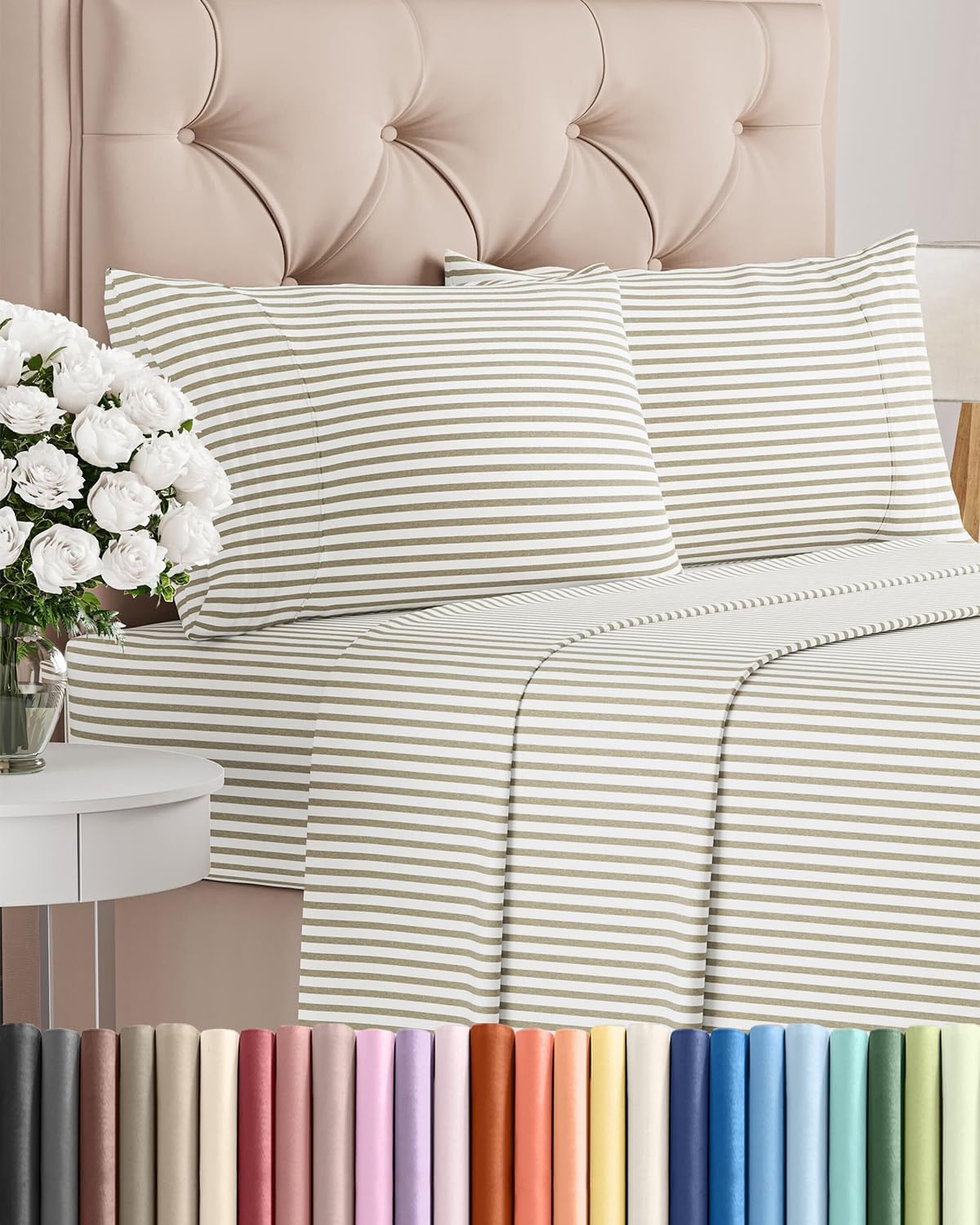King Size 4 Piece Sheet Set - Comfy Cooling Bed Sheets for Luxury Hotel Feel - Soft, Wrinkle-Free, Deep Pockets - Oeko-Tex Certified - Beige Stripes