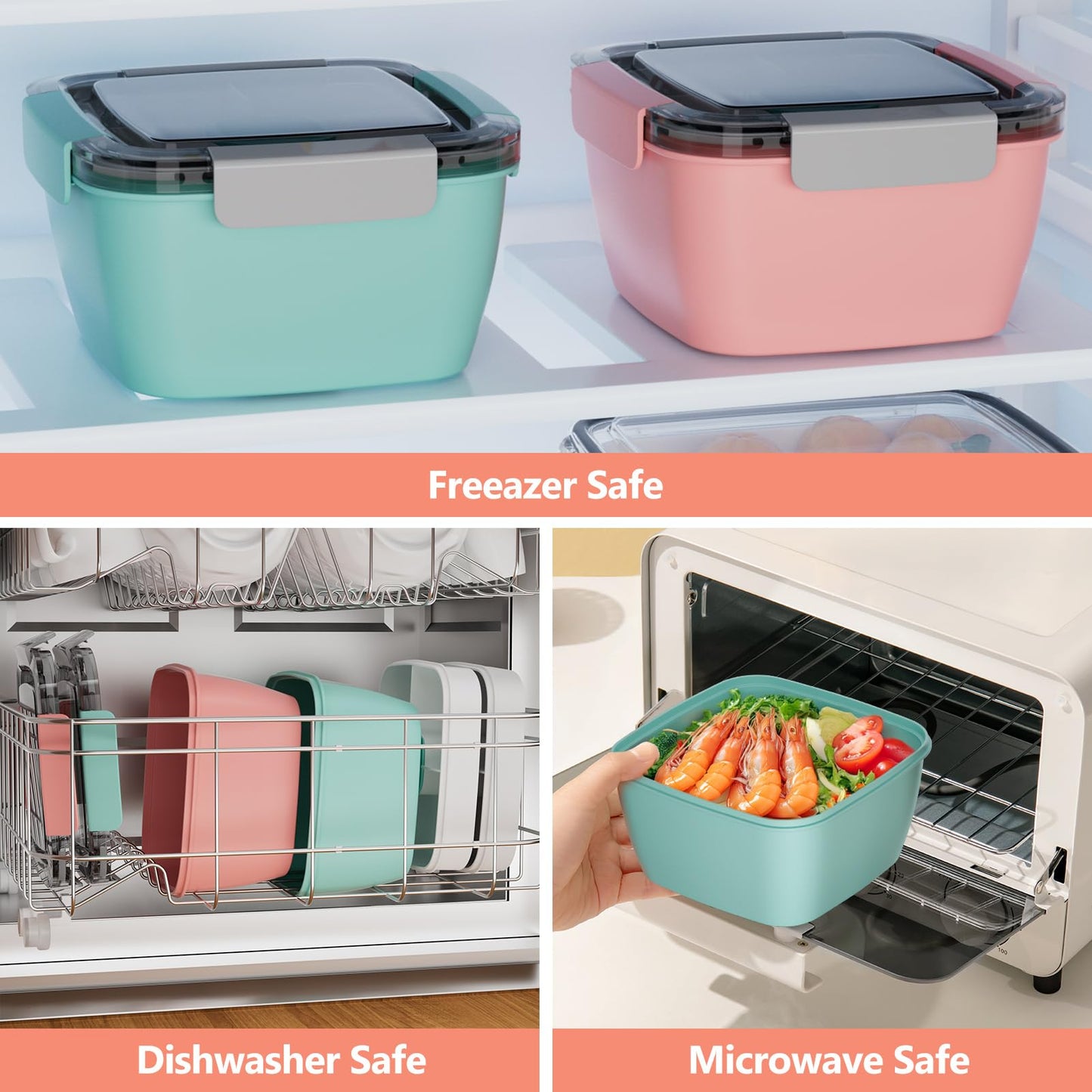 Cherrysea Salad Lunch Container, Salad Bowls with 3 Compartments Tray,Leak Proof Lunch Box with Fork for Men,Women BPA-Free Snack Container with Sauce Container for Dressings-Pink