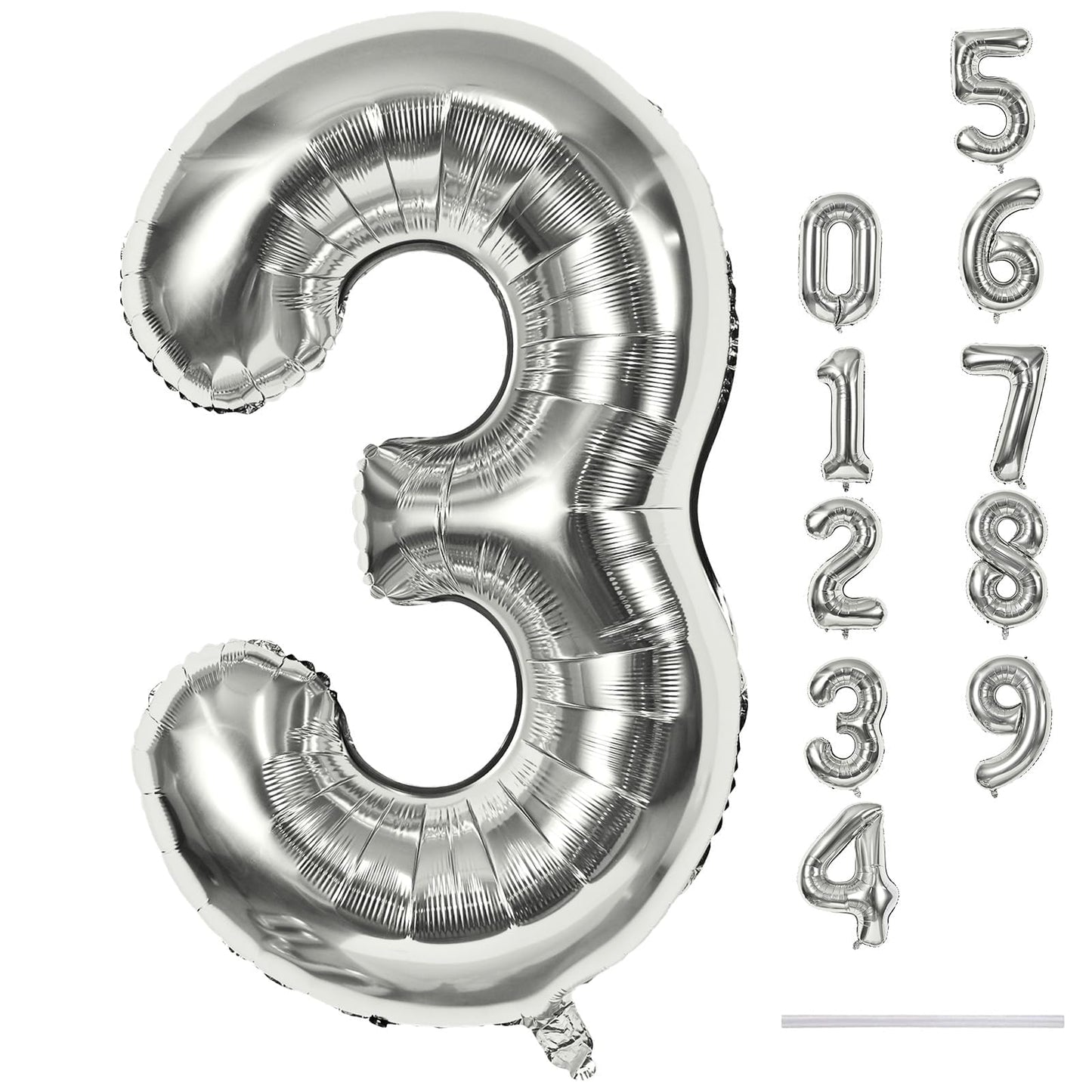 Silver 3 Balloons, 40 Inch Giant Helium Foil Number 0-9 Silver 3rd Birthday Balloon for Boys Girls, Self Inflating Digit 3 Balloons for Women Men Anniversary New Year Party Decorations Supplies