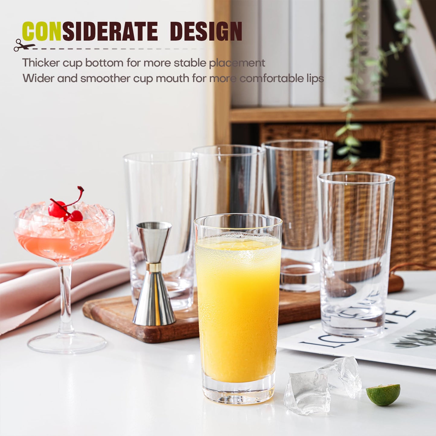 OUWO Highball Glasses Set of 12, 13oz Tall Drinking Glasses, Water Glass for Kitchen, Tom Collins Glasses, Mojito Glass Cups, Cocktail Glasses for Bar Glassware