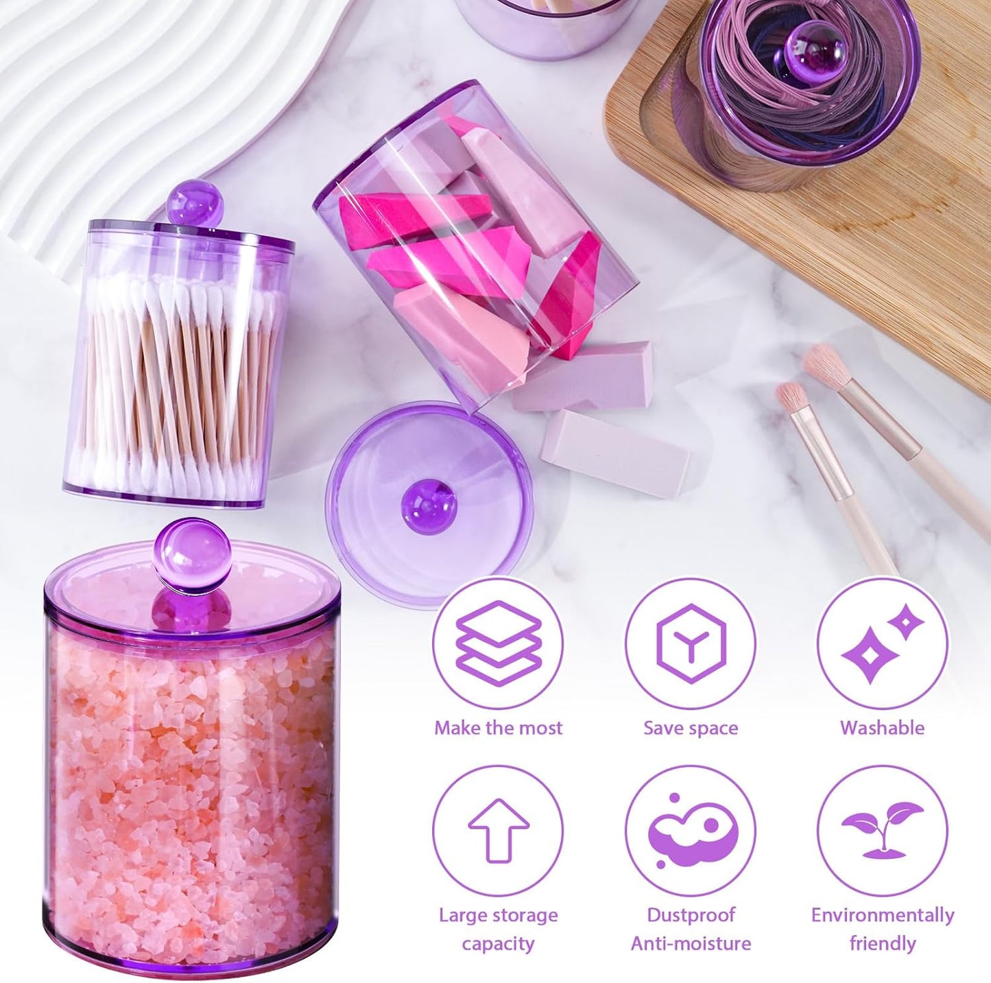 XIPENGKEJI Qtip Holder Set - 4 Pack Apothecary Jars with Lids for Cotton Swabs & Pads | 10oz-12oz Purple