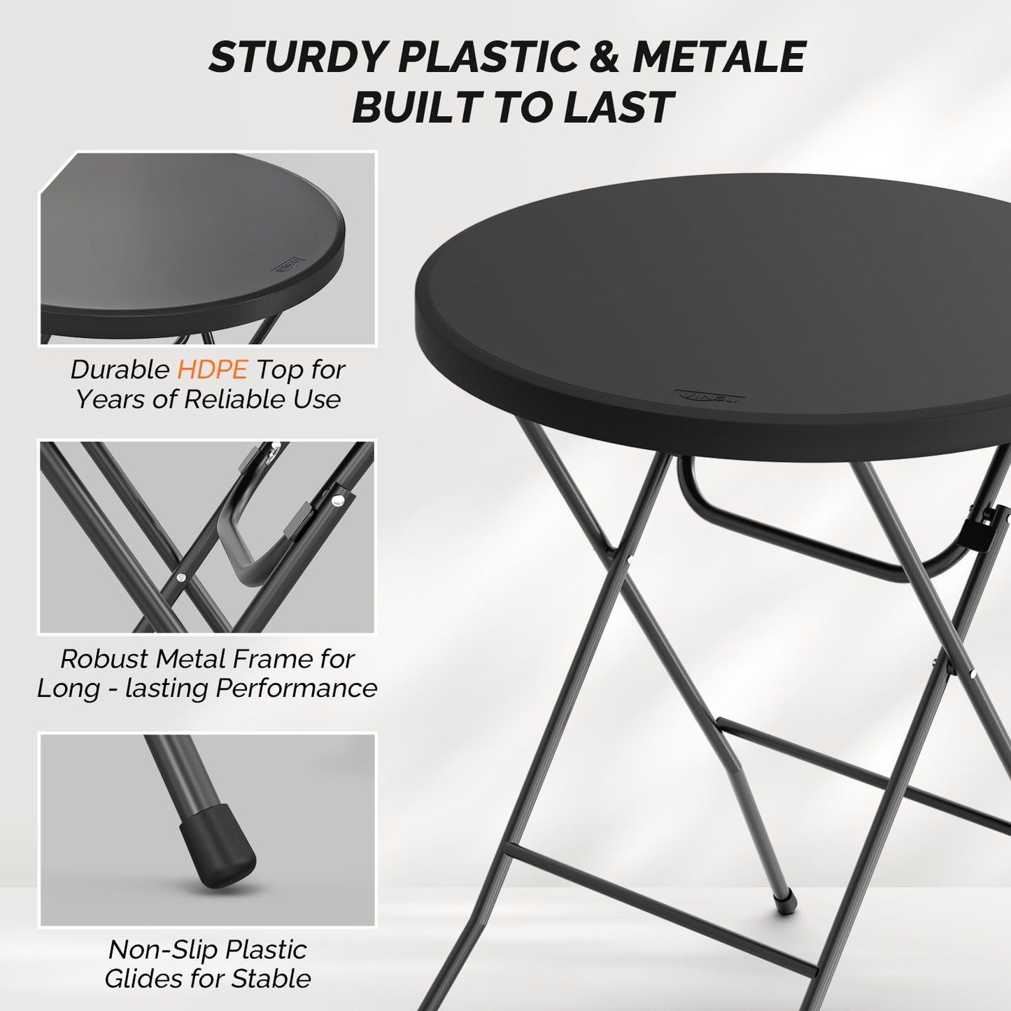 VINGLI 32" Plastic Folding Round Table Bar Height, HDPE Matrial with Gray Metal Finish, High Top Table for Outdoor Party, Cafes, Restaurants, Backyard, Dining Room, Wedding Event,1 Pack, Black