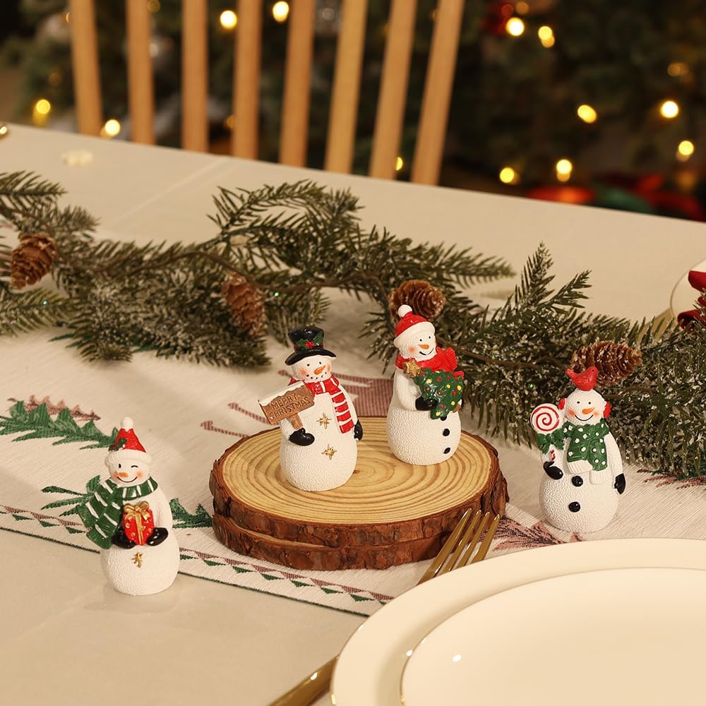 MEETYAMOR Christmas Snowman Ornaments - 4 PCS Rustic Resin Decor for Home & Table Display
