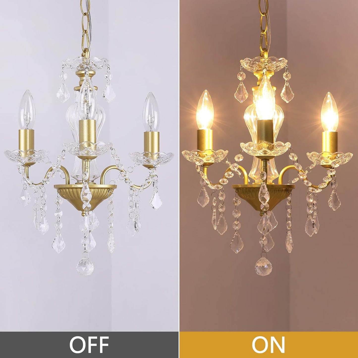 Plug in Modern 3-Light Gold Chandelier with Glass Crystals, Candle Style Pendant Light Fixtures for Living Room, Girls Room, Kitchen Island, Entryway
