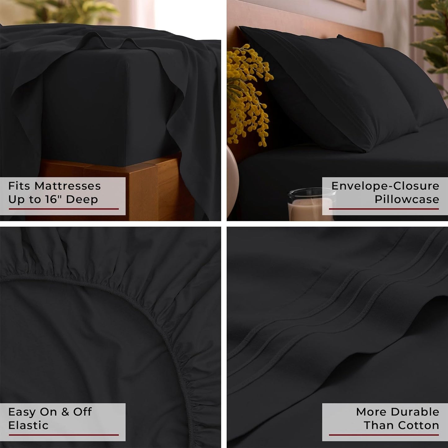 Mellanni Full Sheets Set - 4 PC Hotel Luxury Bedding | Extra Soft, Cooling, Wrinkle-Resistant (Black)