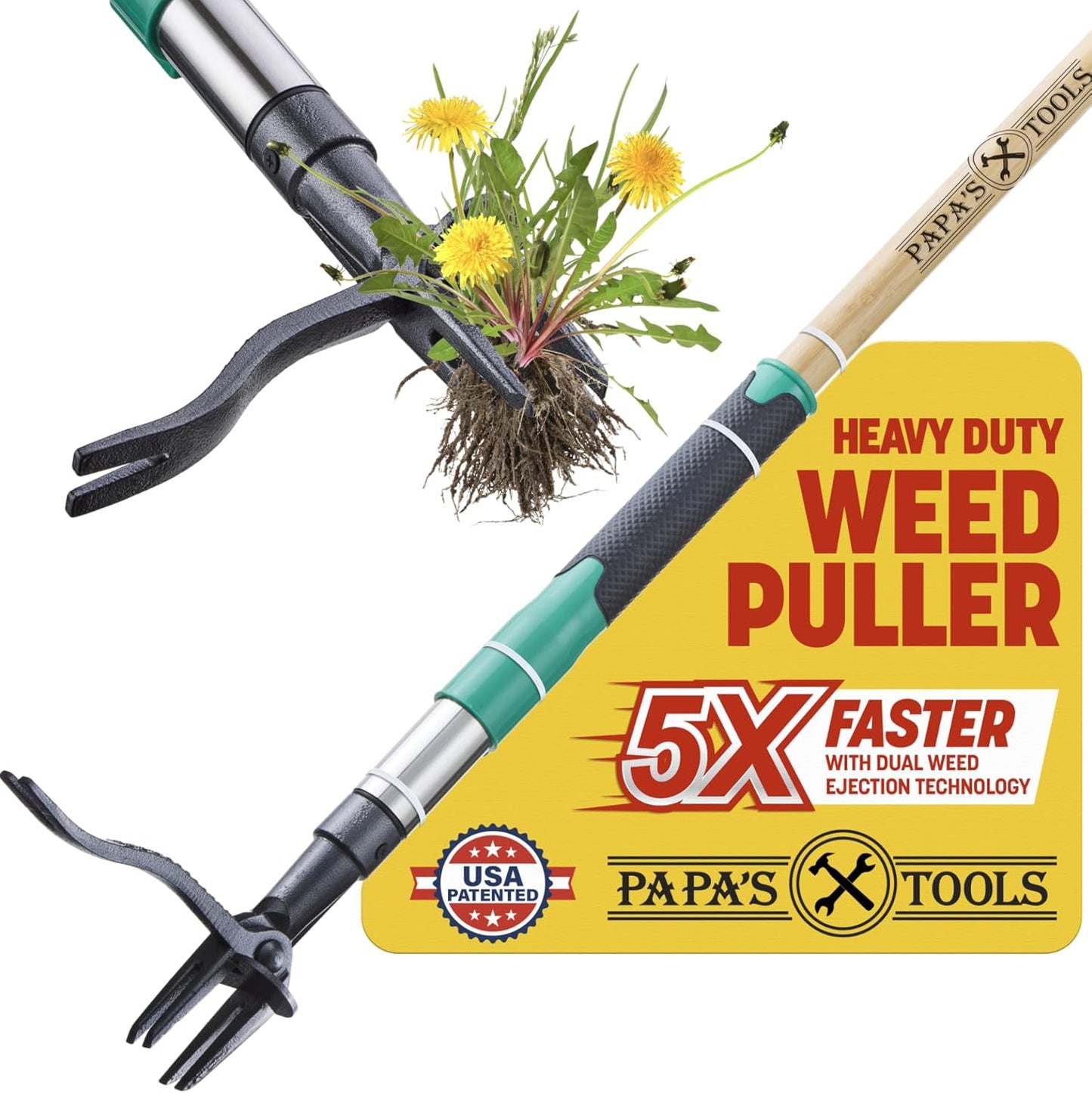 Papa's Tools Weed Puller - 44" Stand-Up Weeder with 4-Claw Steel Head & Bamboo Handle for Easy Gardening