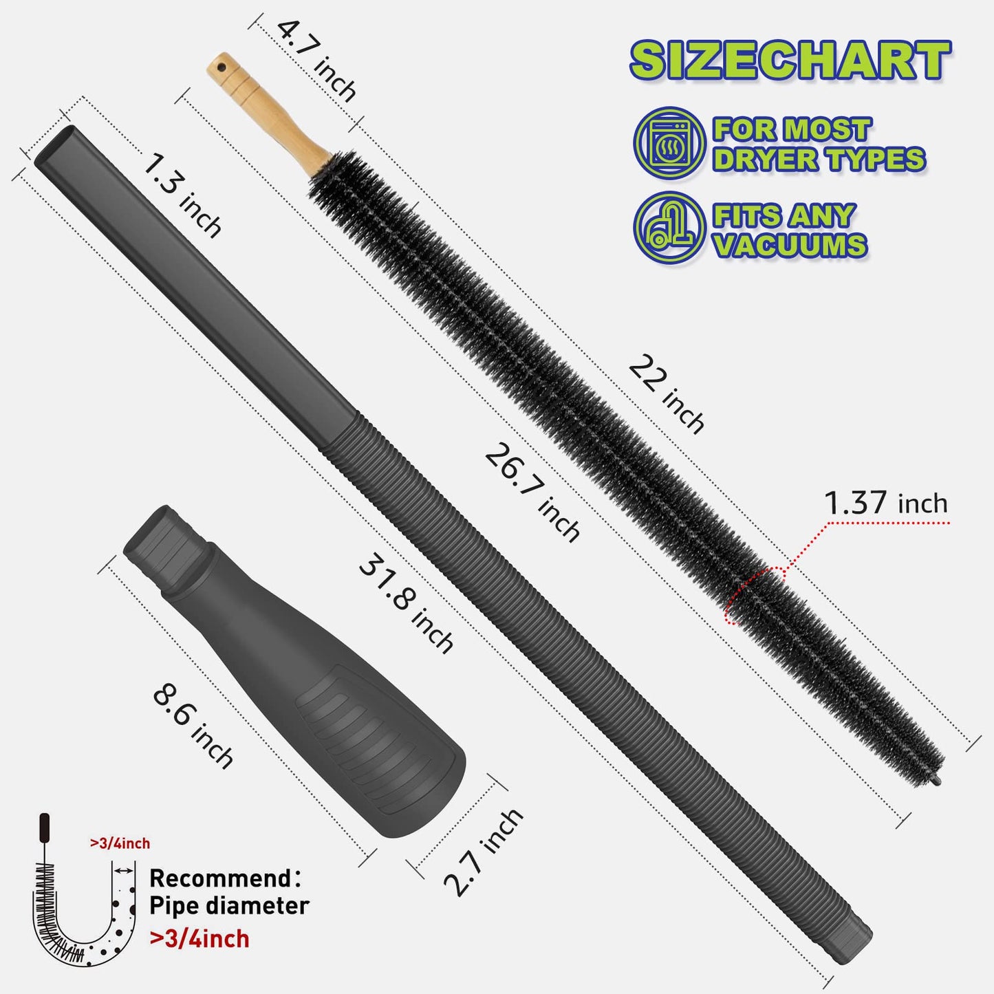 Sealegend 2 Pieces Dryer Vent Cleaner Kit, Dryer Lint Vacuum Attachment and Dryer Lint Screens Cleaner Brush,Flexible Lint Remover Hose Black