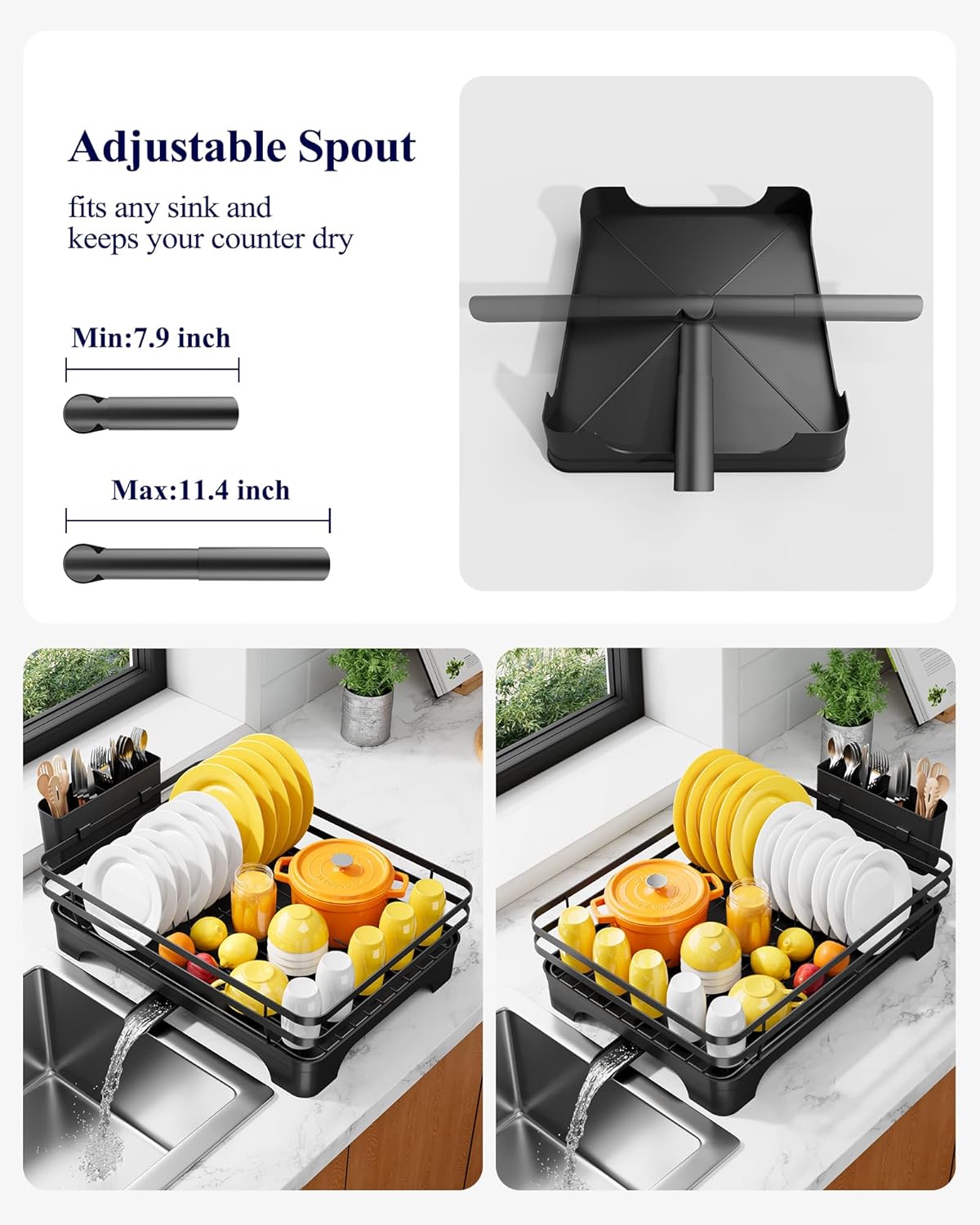 Kitsure Dish Drying Rack - Multi-Functional Kitchen Counter Rack with Cutlery Holder | Rust-Proof, 15.7" x 12" x 5.5", Black