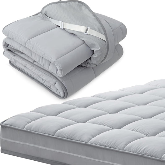 3Inch Queen Mattress Topper Cover(Only Cover),Mattress Protector Bedding,Foam and Latex Mattress Cover with Zipper and Adjustable Straps,Pillow Top(80 x 60”) Gray