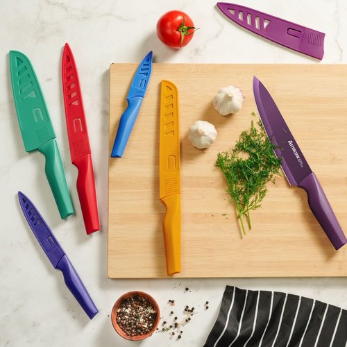 Astercook Knife Set, 12 Pcs Color-Coded Kitchen Knives Set, 6 Color Anti-Rust Coating Stainless Steel Chef Knife Sets with 6 Blade Guards Dishwasher Safe