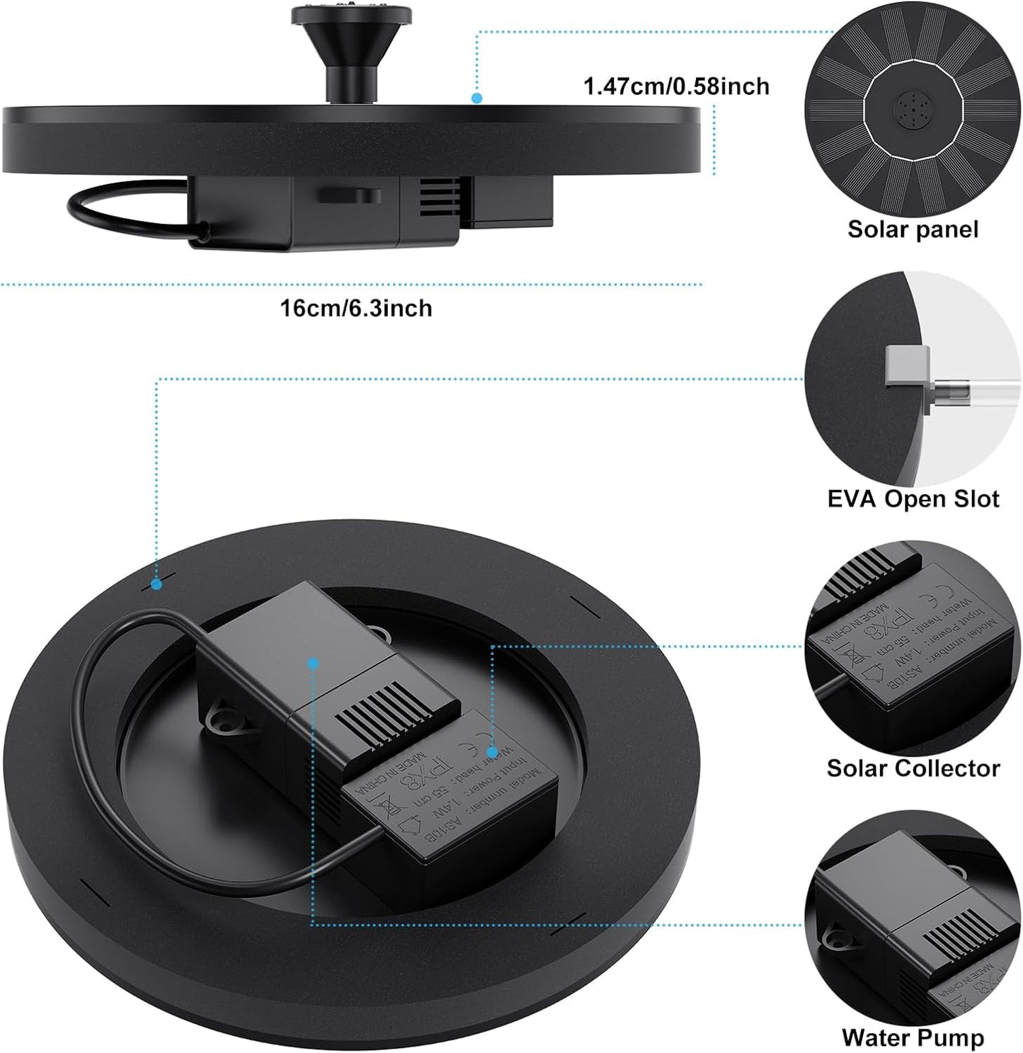 Priksia Solar Water Fountain - Solar Powered Bird Bath Fountain with 6 Nozzles | Black, 1.4W for Garden & Pond