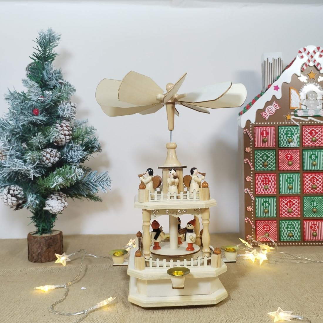 Wooden Christmas Pyramid by [Brand Name] | 14-Inch Nativity Scene with 4 Candle Holders - Festive Tabletop Decor