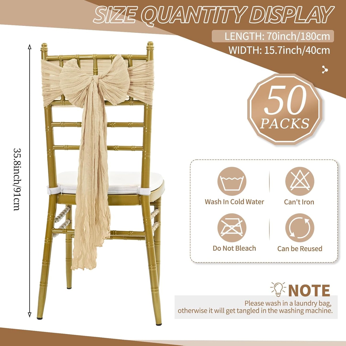 Skiennix 50 PCS Cheesecloth Chair Sashes - Elegant Beige Bows for Wedding & Event Decor