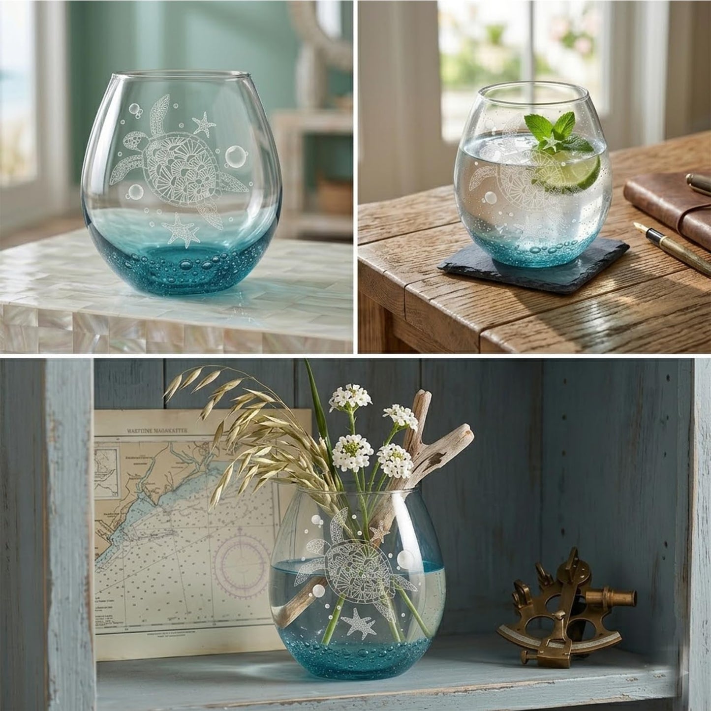 Sea Turtle Stemless Wine Glass - 19oz Hand-blown Blue Bubble Base Glassware-Unique Birthday Gifts for Women & Turtle Lovers-Coastal Ocean Decor for Beach House & Parties-Gift Box Included(Bubbly Teal)