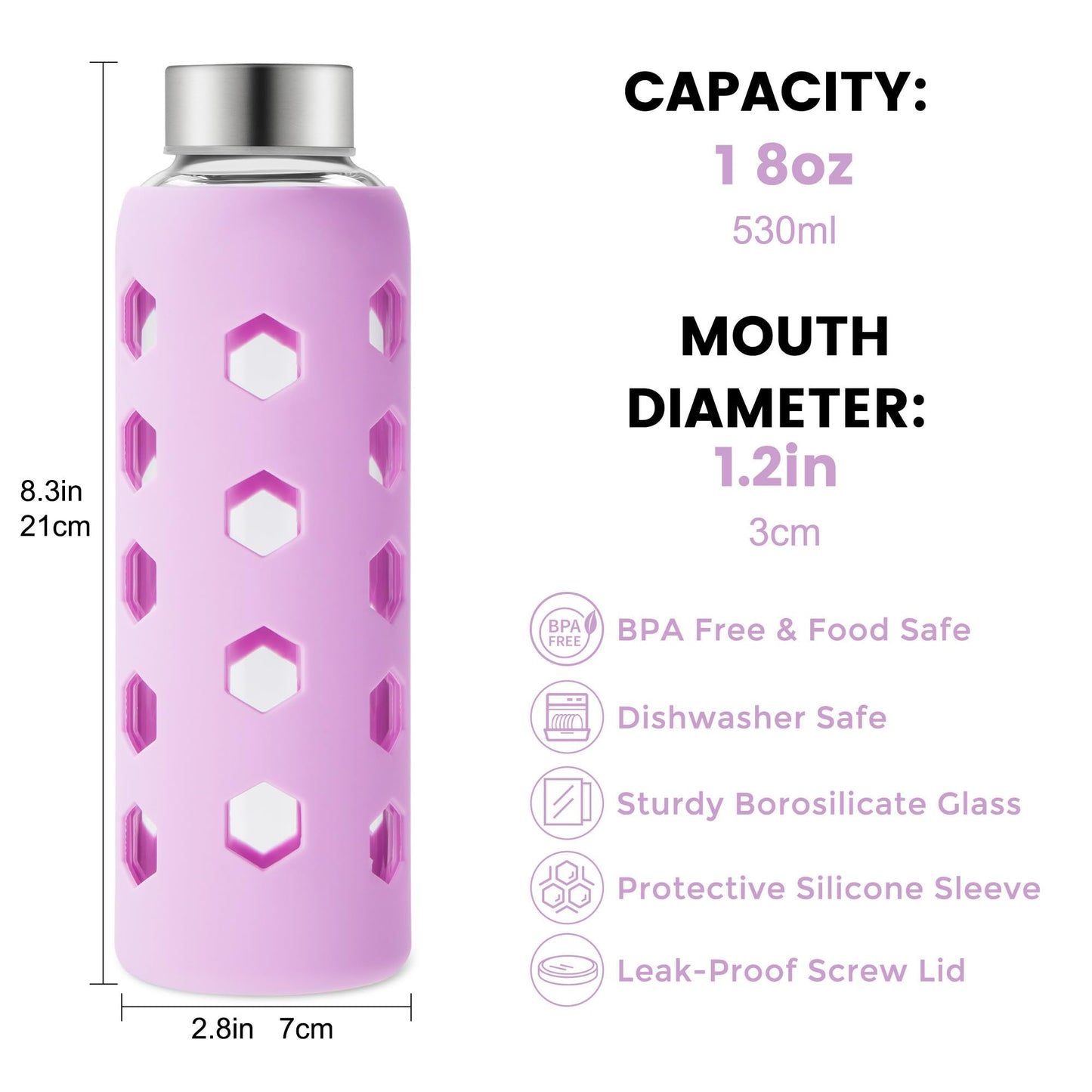 Mrsdry Glass Juice Bottles with Lids and Silicone Sleeves 18 oz, 4-Pack Reusable Clear Glass Water Bottles with Stainless Steel Airtight Cap for Juicing, Refrigerator, BPA Free Leak-Proof Drinking Jar