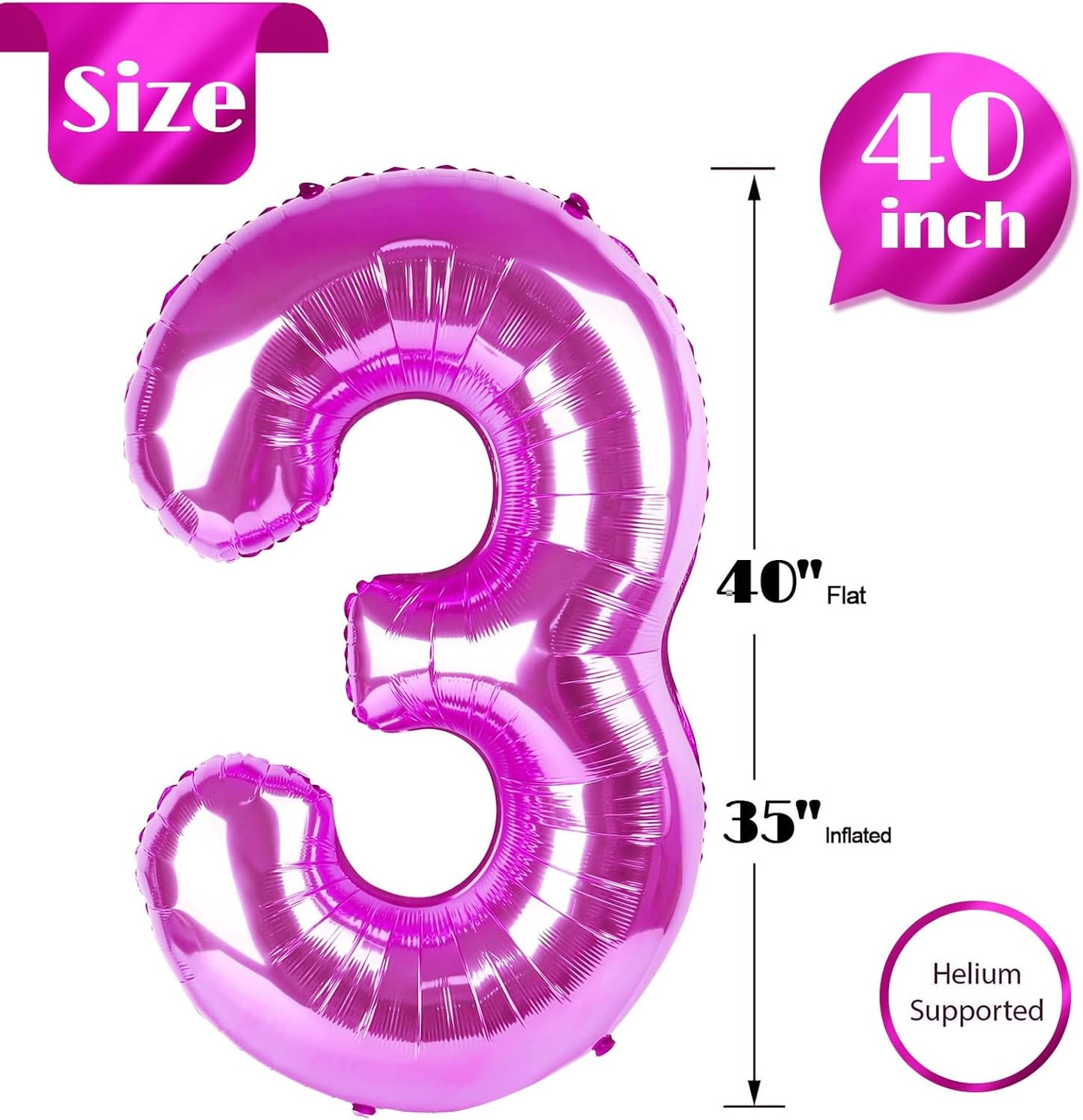 Rosy Purple Number 3 Balloon - 40 Inch Birthday Decoration for Kids & Women’s Parties