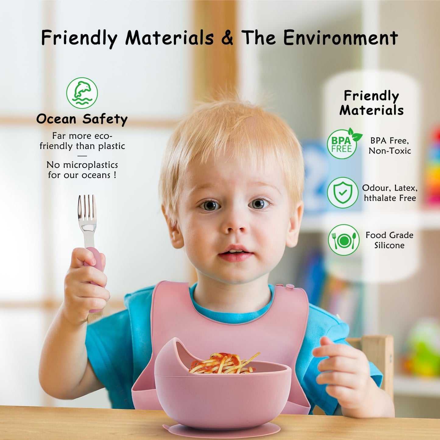 Baby Feeding Set, 13PCS Silicone Baby Self Feeding Set, Toddler Led Weaning Utensils Set with Suction Bowl and Plate, 3 Set of Baby Spoon and Fork, Adjustable Bid, Sippy Cup with Straw and 2 Lids