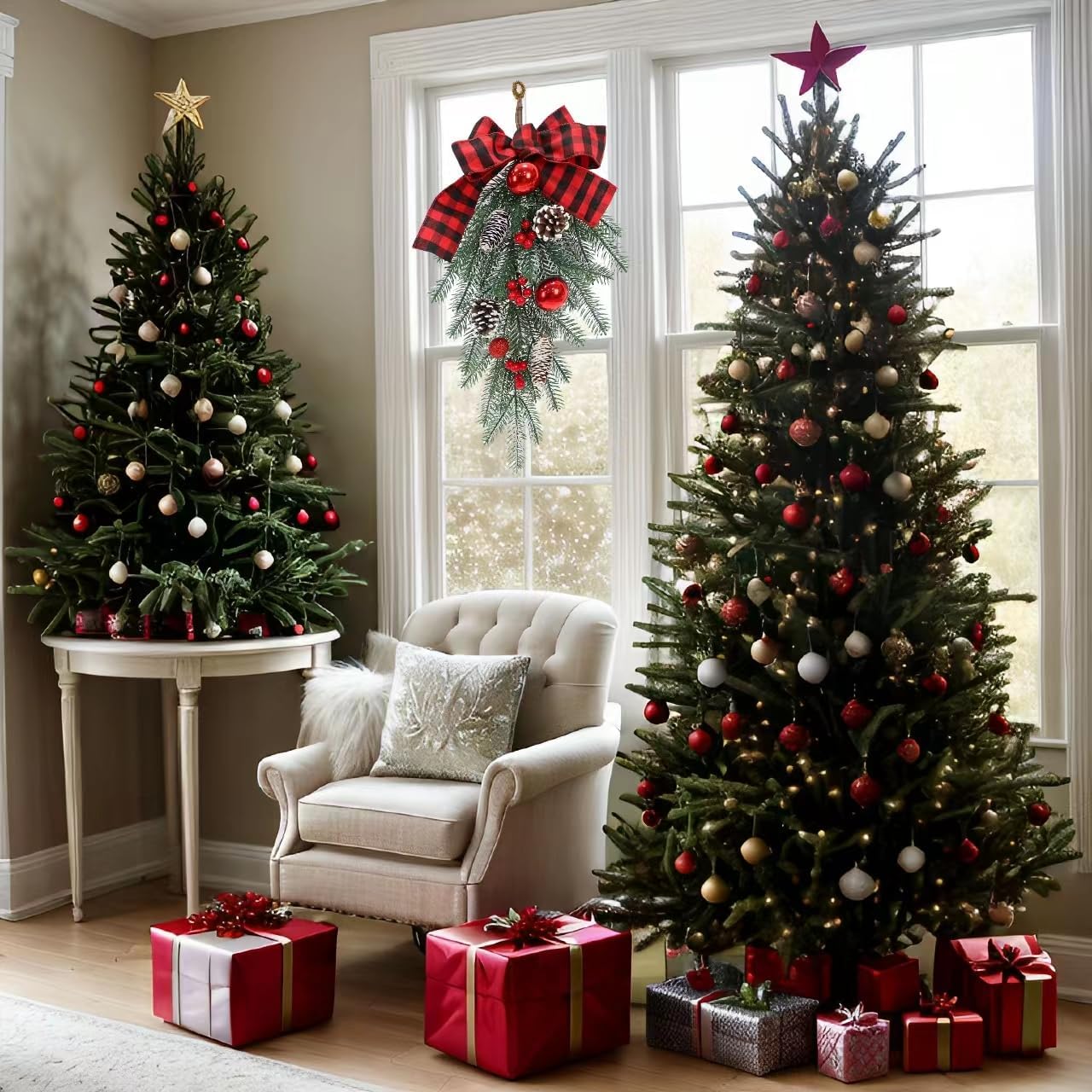 Regine Switzerland Christmas Swag | Teardrop Pine Cone Garland with Red Bow | Indoor/Outdoor Decor