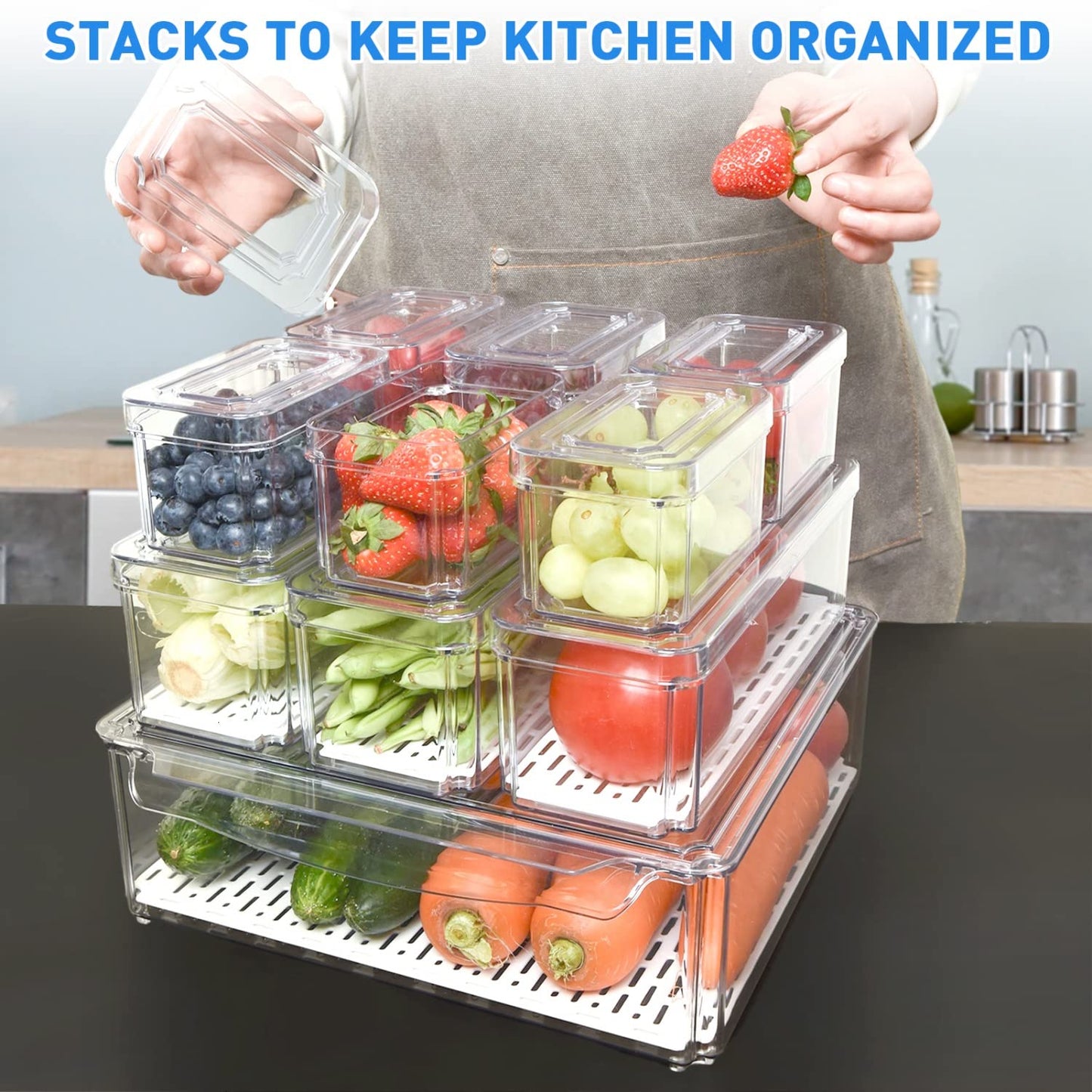 POMEAT 10-Pack Stackable Fridge Organizer Bins with Lids - Clear Produce & Food Storage Containers