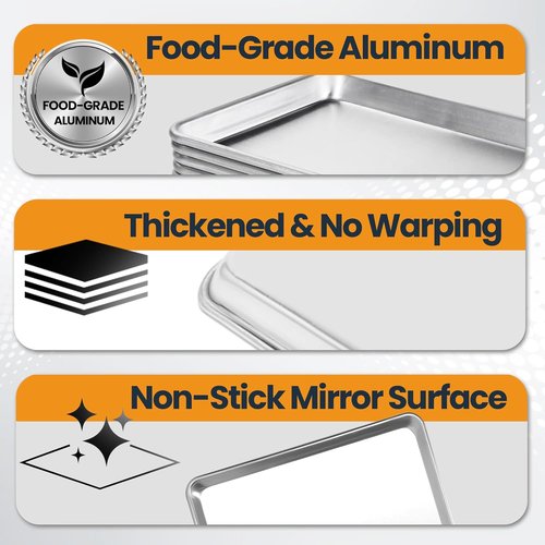 Half Size Baking Sheet Pan - Durable Aluminum Cookie Sheet | 6 Pack, Anti-Stick 18” x 13”