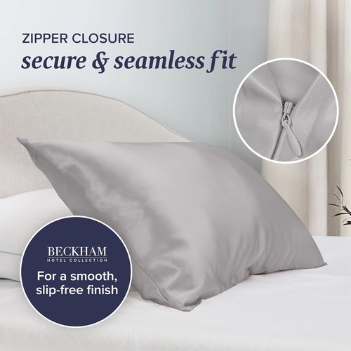 Beckham Hotel Collection Silk Pillowcase - 100% Mulberry Silk for Hair & Skin | Oeko-TEX Certified, Queen, Silver Cloud