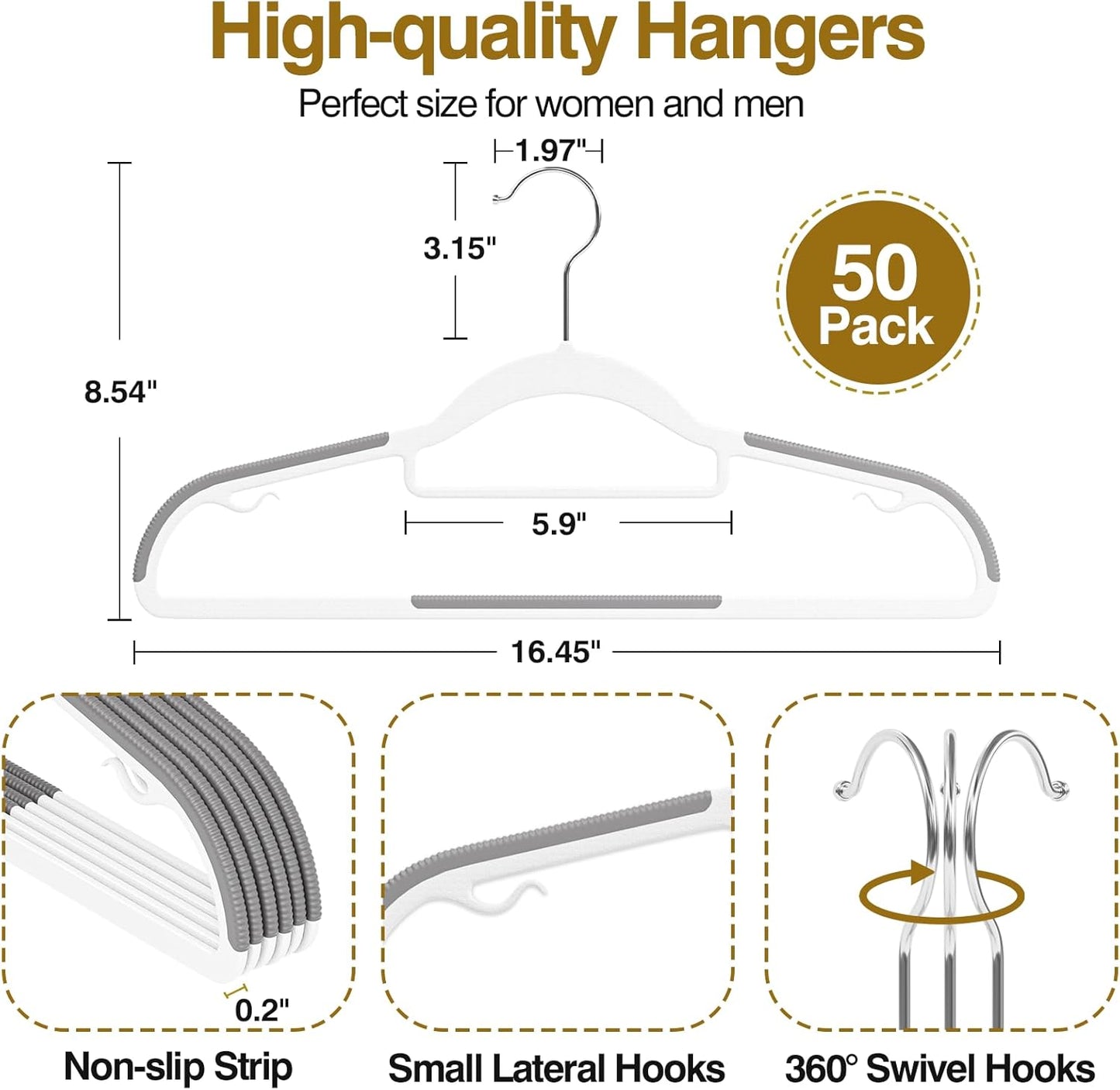 Plastic Hangers 50 Pack - Heavy Duty 16.5 in Non-Slip Clothes Hangers with 360° Swivel Hook | Space-Saving White & Dark Gray