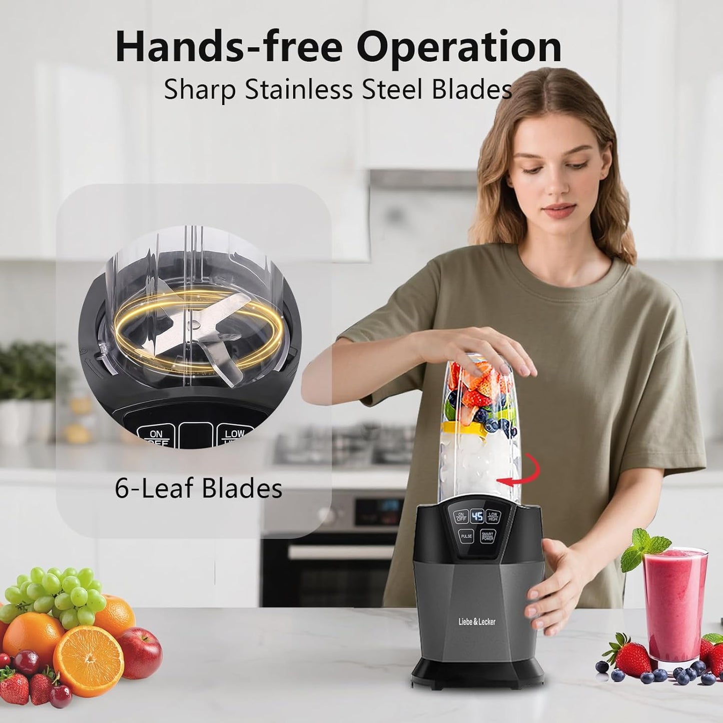 Liebe&Lecker Smoothie Blender - 1200 Peak Watts Personal Blender with 2 To-Go Cups & Solid Lid for Smoothies
