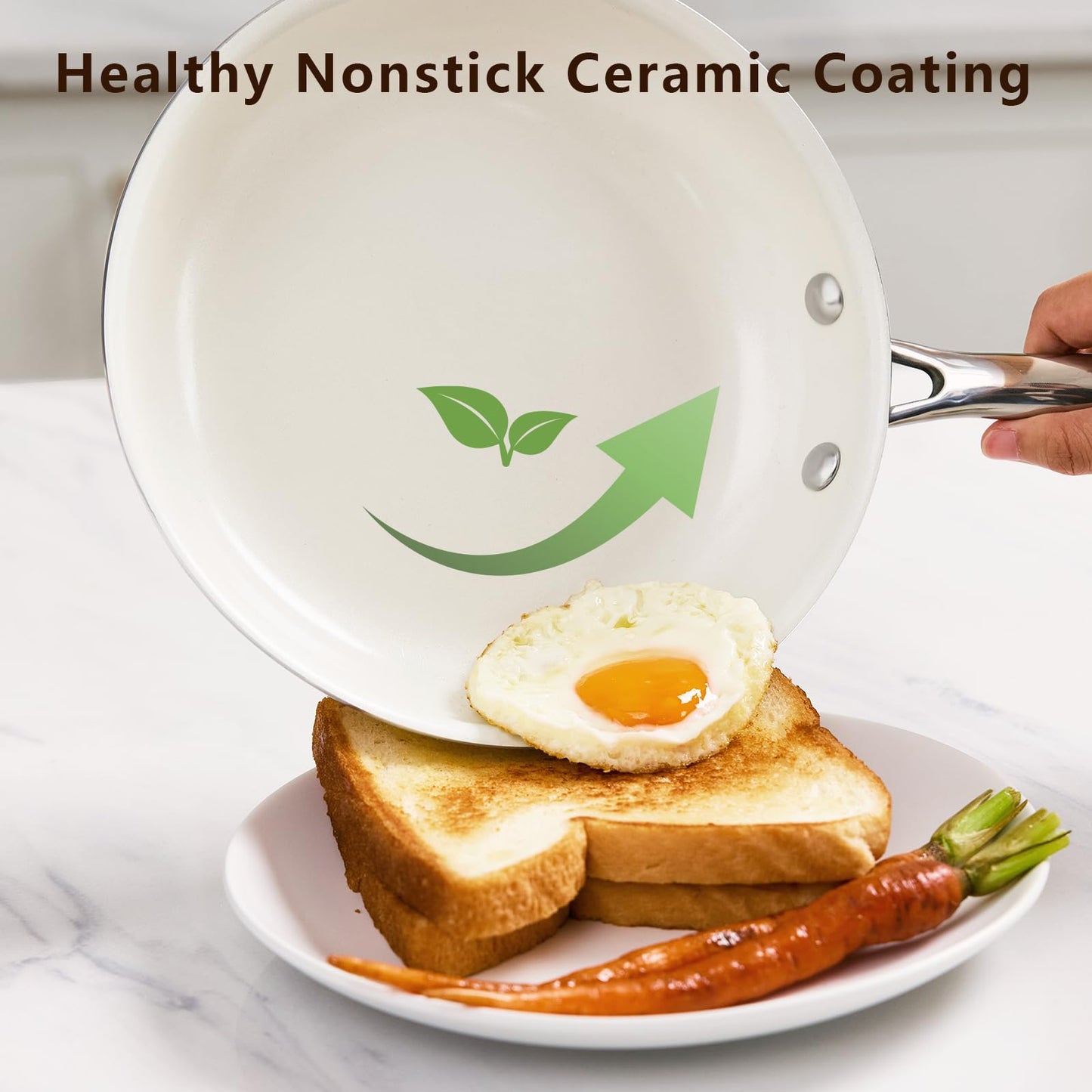 SAKAMOSH 11" Ceramic Frying Pan Nonstick, Skillet, Cooking Pan Non Toxic with Stay Cool Handle for Induction, Chef's Pan, PTFE & PFAS & PFOA Free, Dishwasher/Oven Safe, White