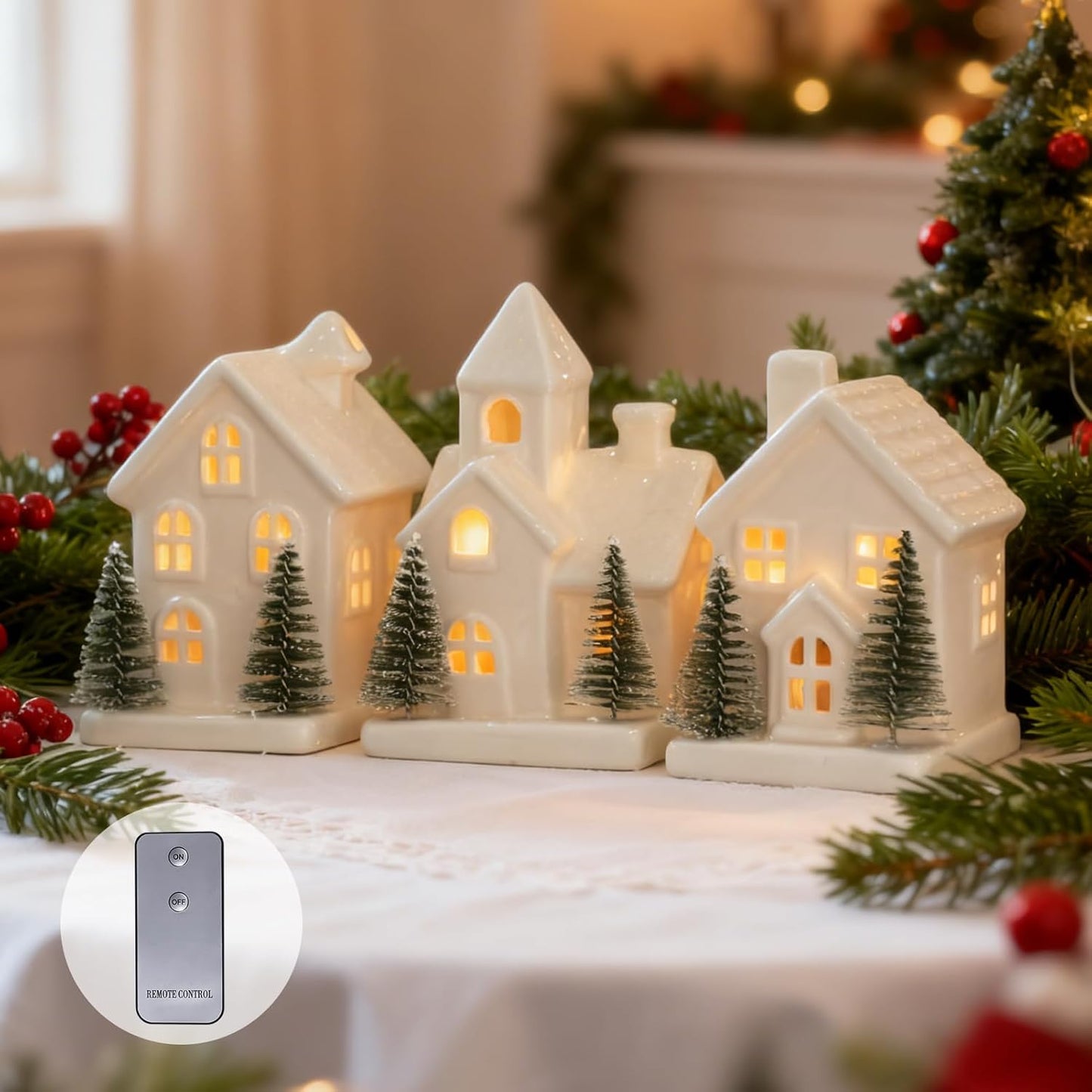 Regine Switzerland Christmas Village Set - 3 Lighted Ceramic Houses with Trees | Rustic White Holiday Decor for Home